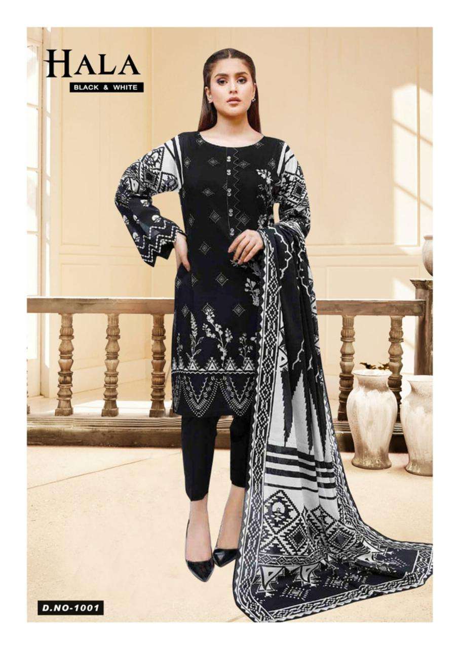 Black And White By Hala 1001 To 1006 Series Beautiful Suits Colorful Stylish Fancy Casual Wear & Ethnic Wear Pure Cotton Print Dresses At Wholesale Price