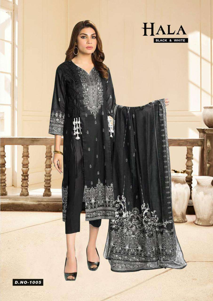Black And White By Hala 1001 To 1006 Series Beautiful Suits Colorful Stylish Fancy Casual Wear & Ethnic Wear Pure Cotton Print Dresses At Wholesale Price