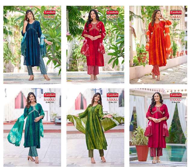 Sakku By Taniksh 101 To 106 Series Beautiful Stylish Suits Fancy Colorful Casual Wear & Ethnic Wear & Ready To Wear Rayon Print Dresses At Wholesale Price