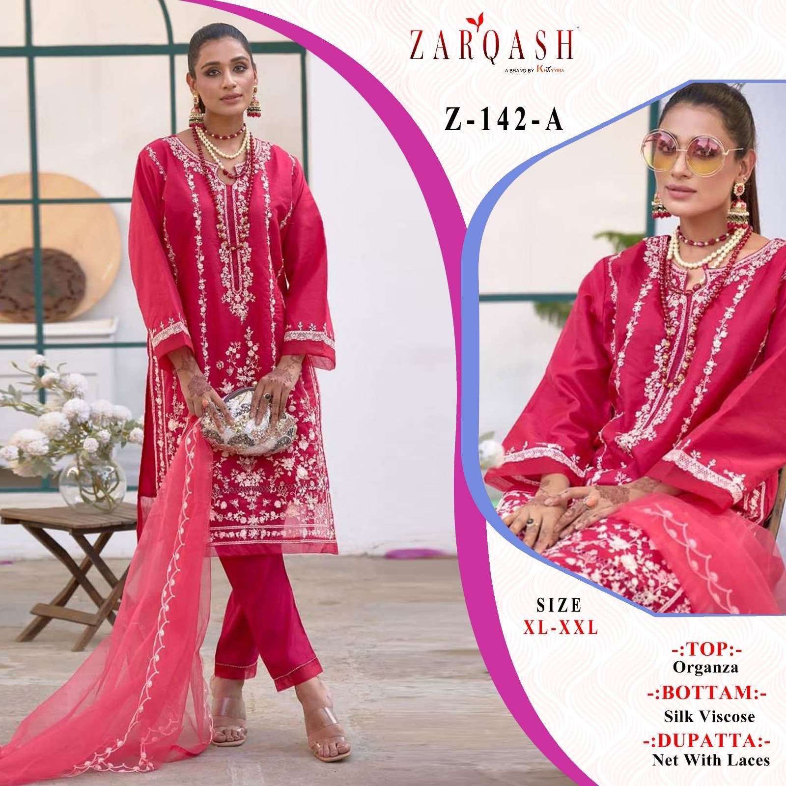 Zarqash Hit Design Z-142 Colours By Zarqash Z-142-A To Z-142-D Series Beautiful Pakistani Suits Colorful Stylish Fancy Casual Wear & Ethnic Wear Organza Dresses At Wholesale Price