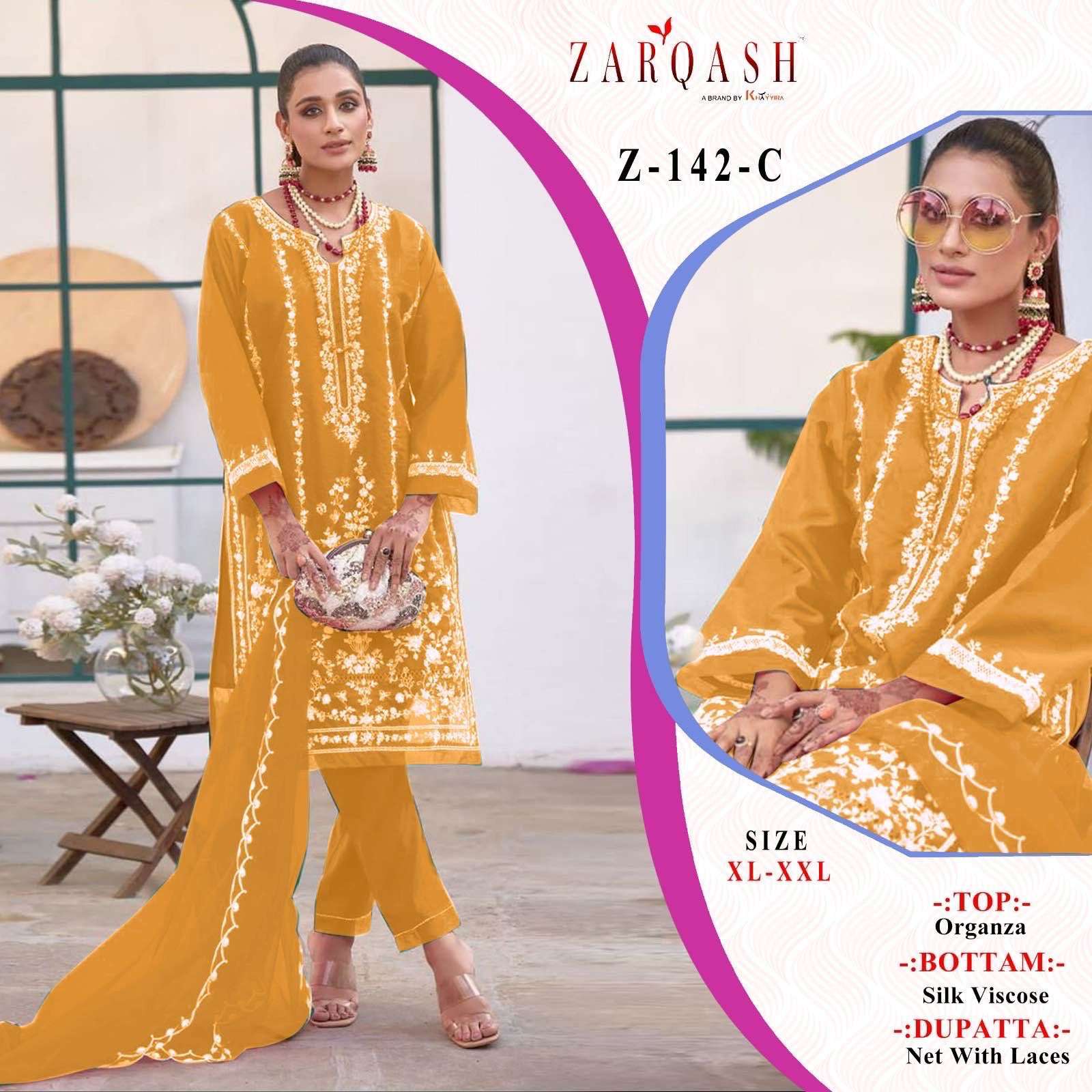 Zarqash Hit Design Z-142 Colours By Zarqash Z-142-A To Z-142-D Series Beautiful Pakistani Suits Colorful Stylish Fancy Casual Wear & Ethnic Wear Organza Dresses At Wholesale Price