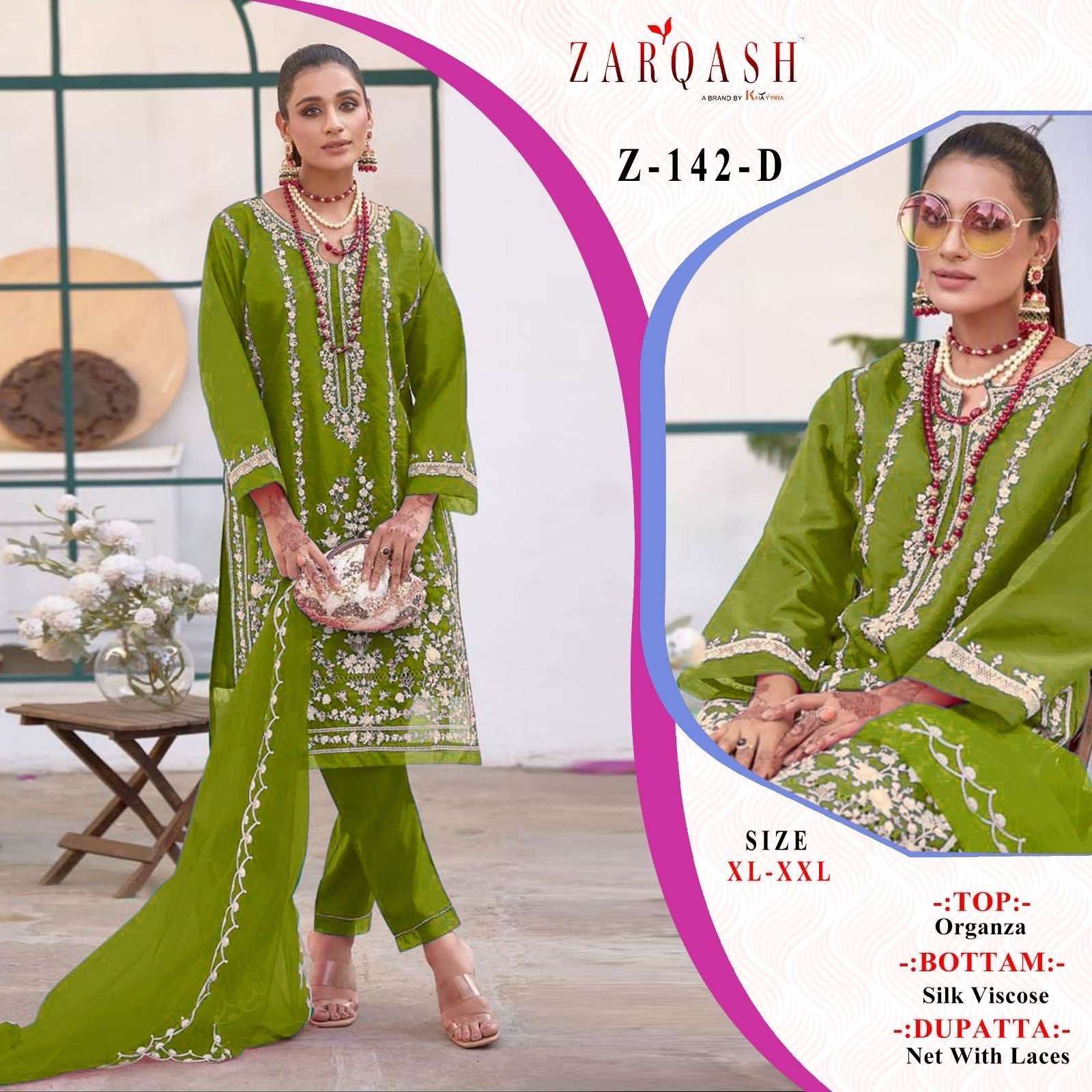 Zarqash Hit Design Z-142 Colours By Zarqash Z-142-A To Z-142-D Series Beautiful Pakistani Suits Colorful Stylish Fancy Casual Wear & Ethnic Wear Organza Dresses At Wholesale Price