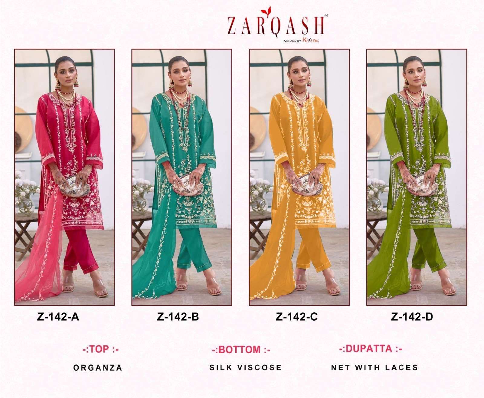 Zarqash Hit Design Z-142 Colours By Zarqash Z-142-A To Z-142-D Series Beautiful Pakistani Suits Colorful Stylish Fancy Casual Wear & Ethnic Wear Organza Dresses At Wholesale Price