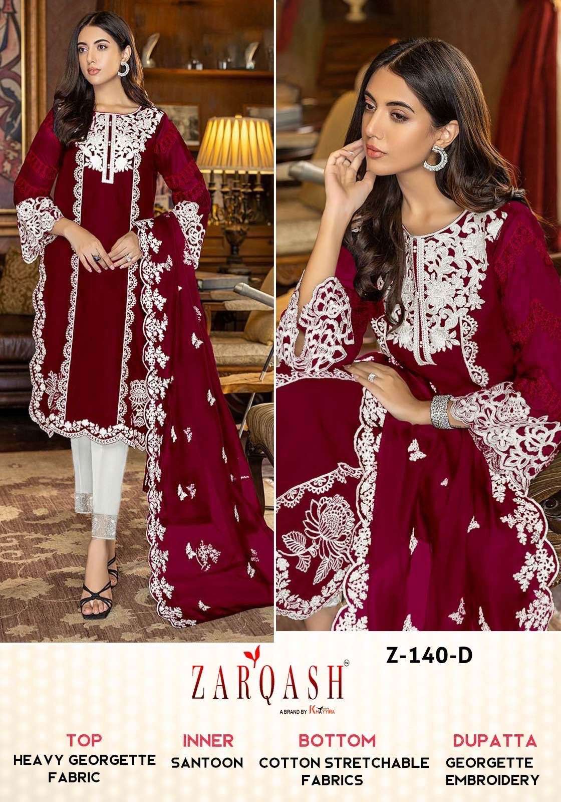 Zarqash Hit Design Z-140 Colours By Zarqash Z-140-A To Z-140-E Series Beautiful Pakistani Suits Colorful Stylish Fancy Casual Wear & Ethnic Wear Heavy Georgette Dresses At Wholesale Price