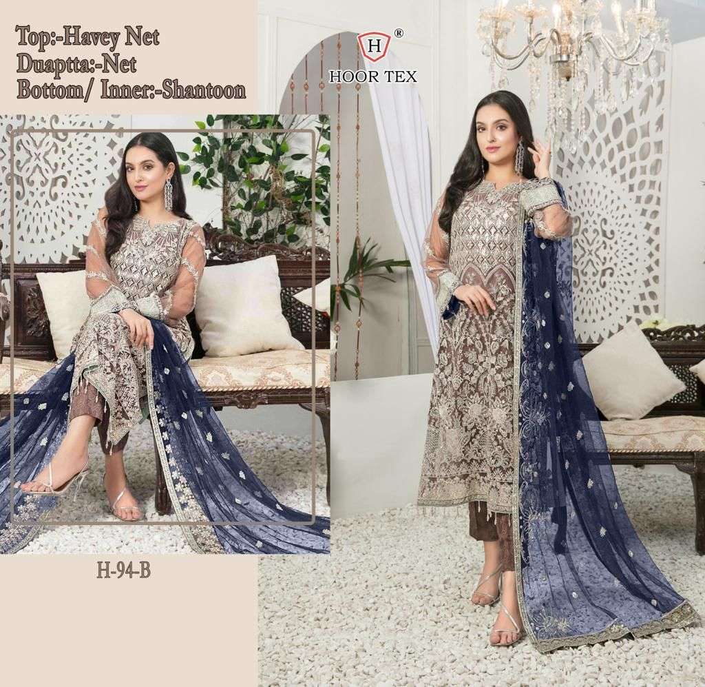 Hoor Tex Hit Design H-94 Colours By Hoor Tex H-94-A To H-94-B Series Designer Festive Pakistani Suits Collection Beautiful Stylish Fancy Colorful Party Wear & Occasional Wear Heavy Net Embroidered Dresses At Wholesale Price