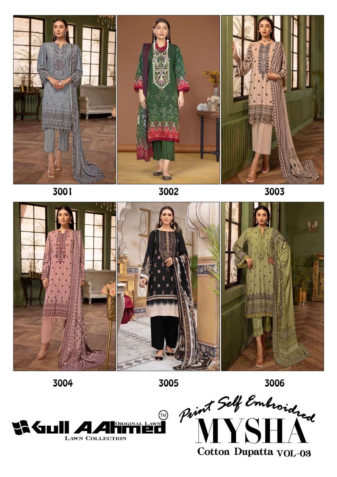 Mysha Vol-3 By Gull Aahmed 3001 To 3006 Series Beautiful Suits Colorful Stylish Fancy Casual Wear & Ethnic Wear Pure Lawn Dresses At Wholesale Price