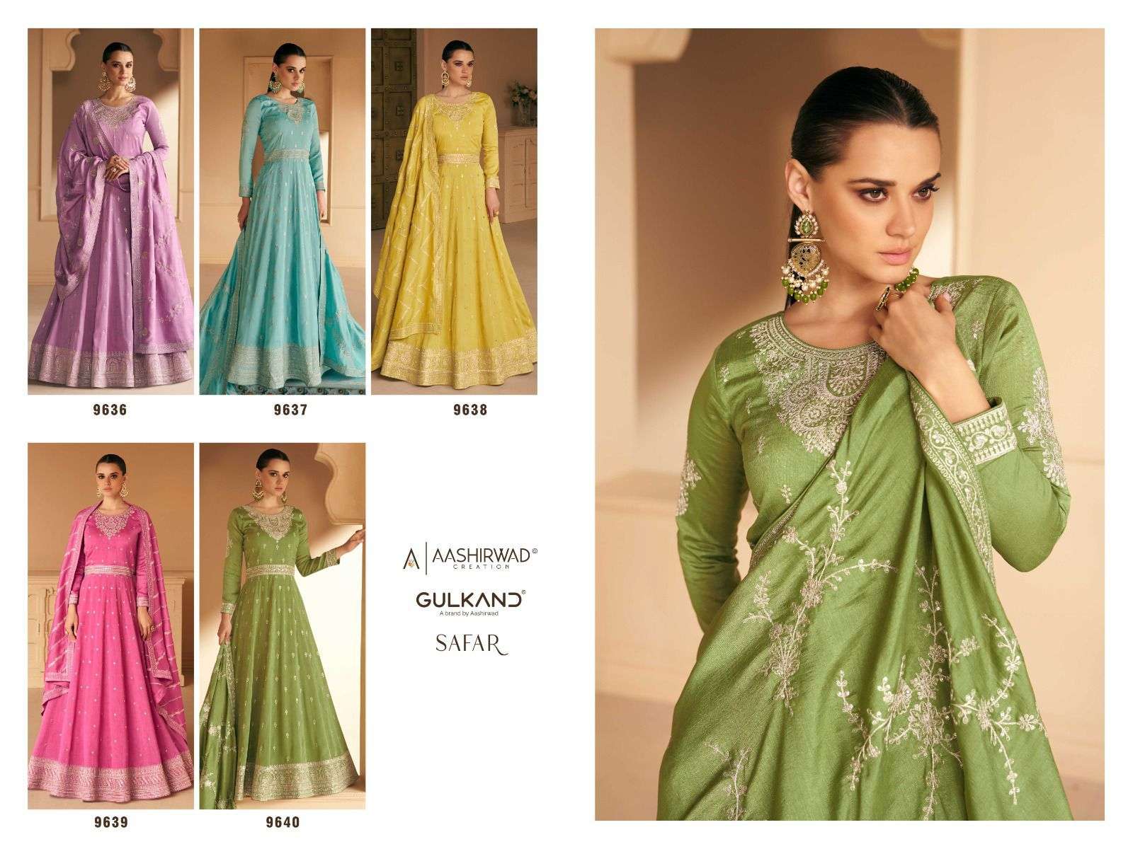 Safar By Aashirwad Creation 9636 To 9640 Series Beautiful Stylish Fancy Colorful Casual Wear & Ethnic Wear Premium Silk Gowns With Dupatta At Wholesale Price