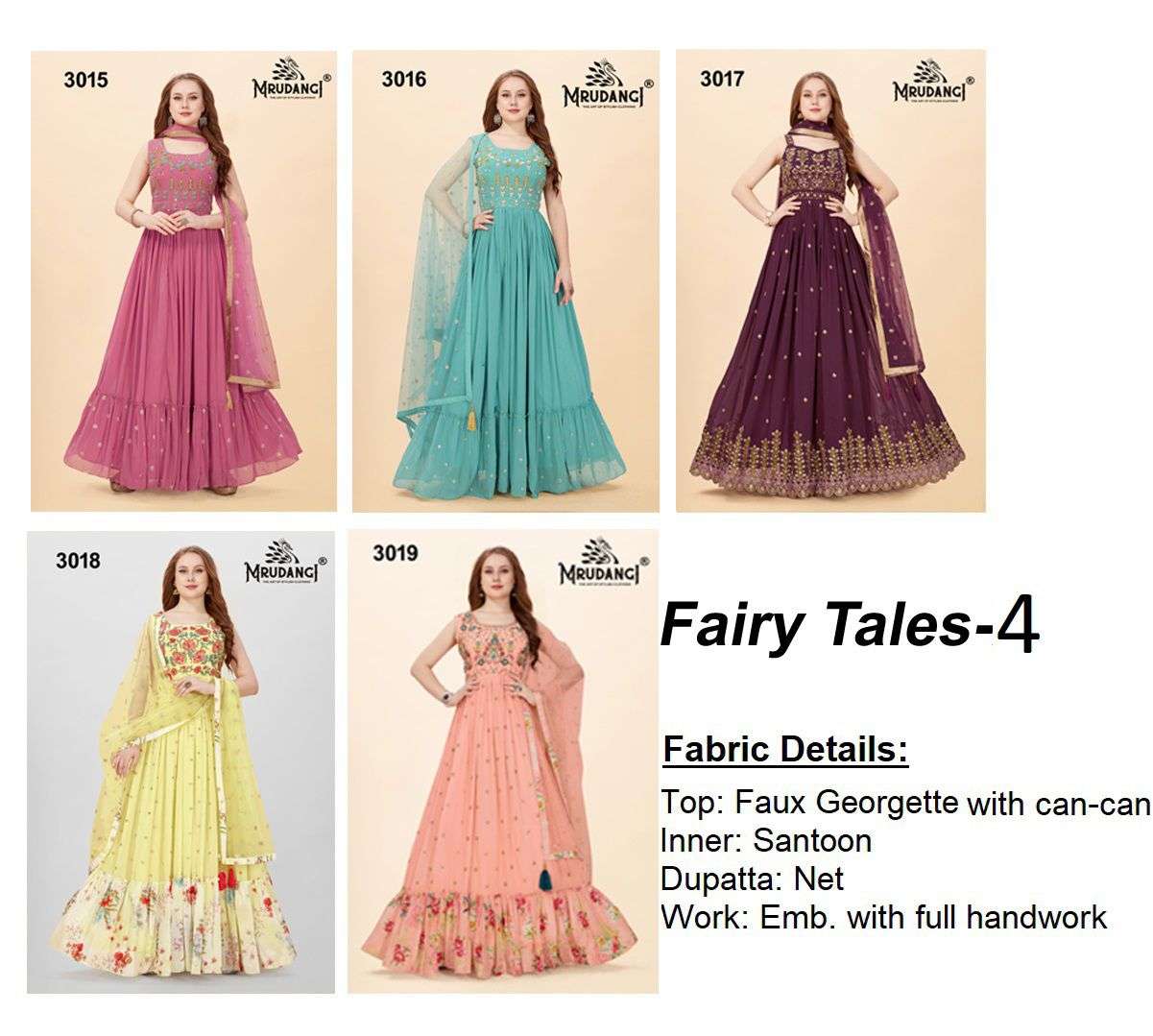 Fairy Tales Vol-4 By Mrudangi 3015 To 3019 Series Beautiful Stylish Fancy Colorful Casual Wear & Ethnic Wear Faux Georgette Gowns With Dupatta At Wholesale Price