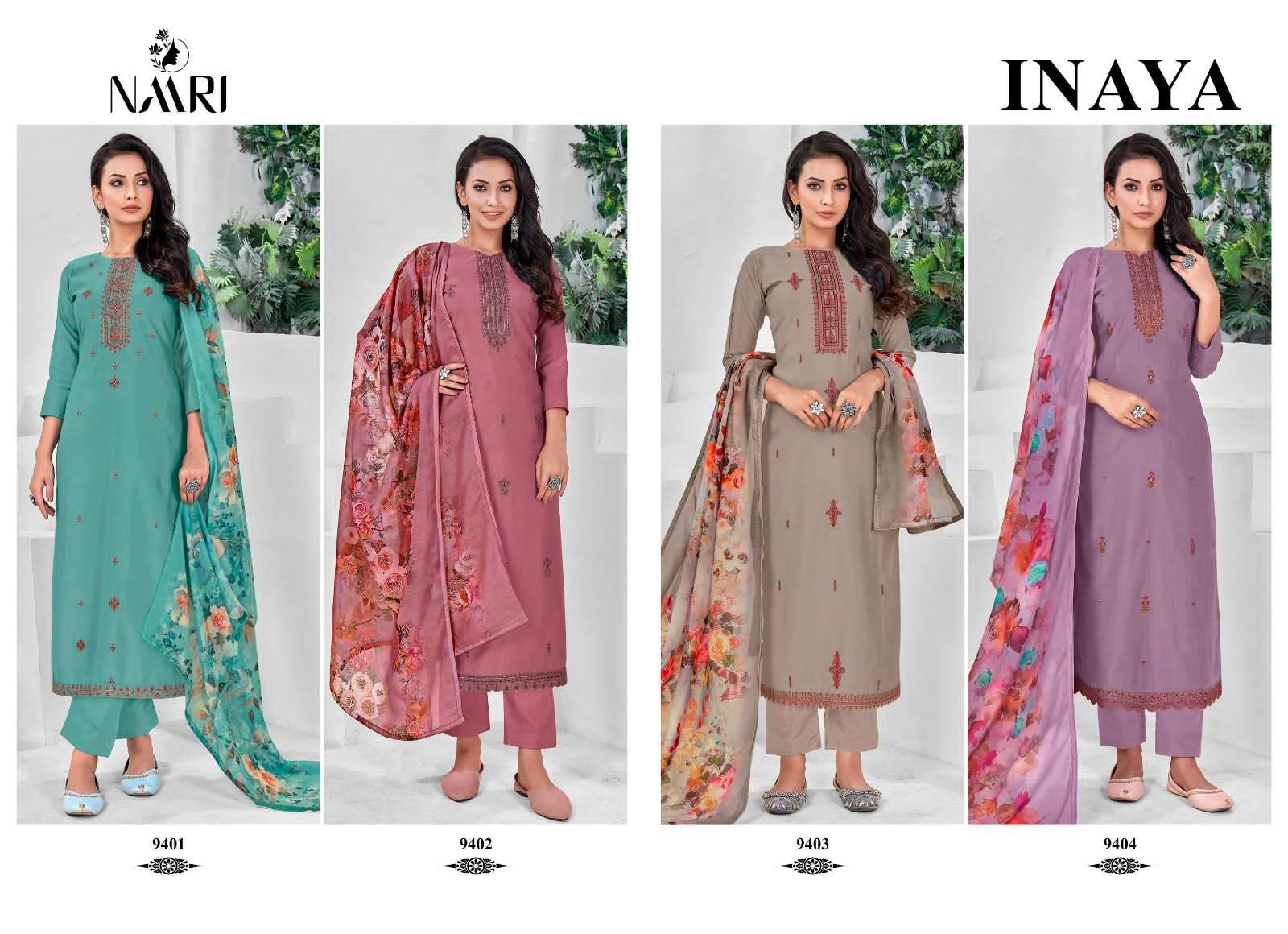 Inaya By Naari 9401 To 9404 Series Beautiful Stylish Festive Suits Fancy Colorful Casual Wear & Ethnic Wear & Ready To Wear Pure Silk Print Dresses At Wholesale Price