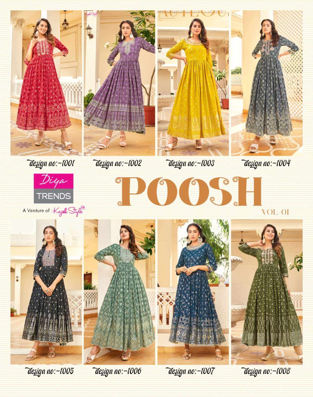Poosh Vol-1 By Diya Trends 1001 To 1008 Series Designer Stylish Fancy Colorful Beautiful Party Wear & Ethnic Wear Collection Rayon Print Gown At Wholesale Price
