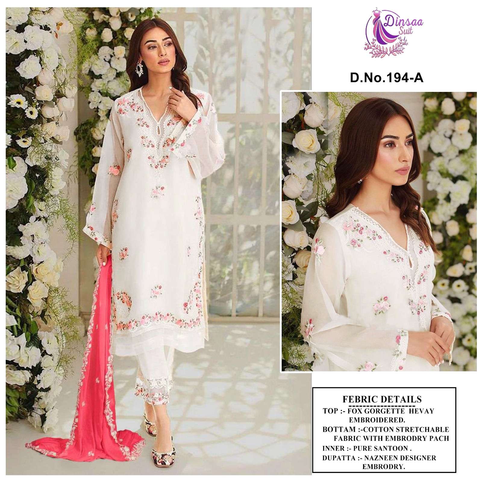 Dinsaa Hit Design 194 Colours By Dinsaa Suits 194-A To 194-D Series Pakistani Suits Collection Beautiful Stylish Fancy Colorful Party Wear & Occasional Wear Faux Georgette Embroidered Dresses At Wholesale Price