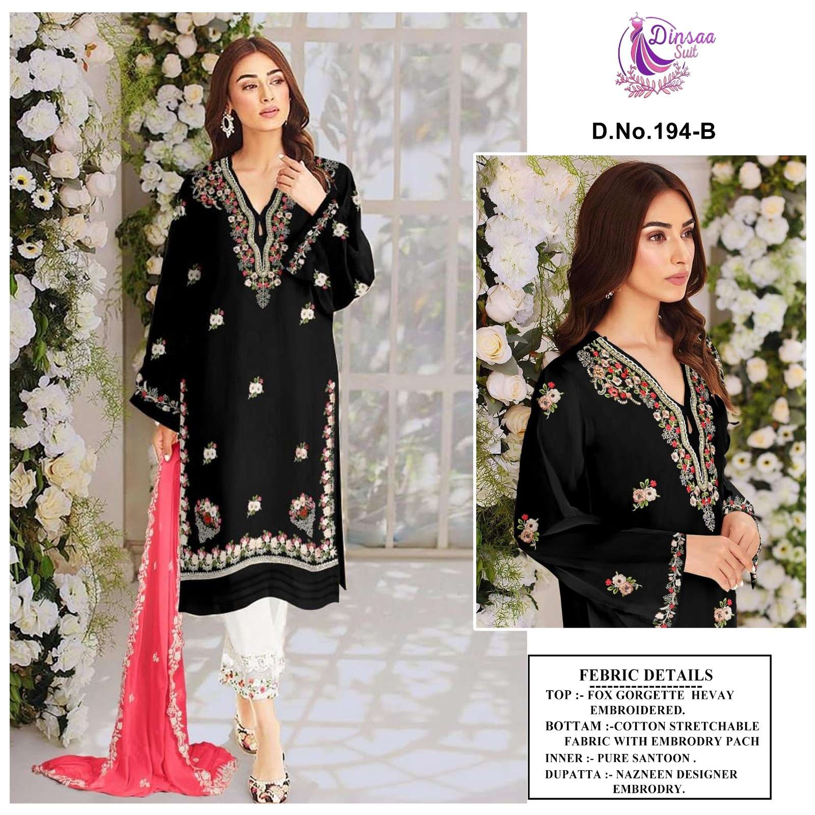 Dinsaa Hit Design 194 Colours By Dinsaa Suits 194-A To 194-D Series Pakistani Suits Collection Beautiful Stylish Fancy Colorful Party Wear & Occasional Wear Faux Georgette Embroidered Dresses At Wholesale Price