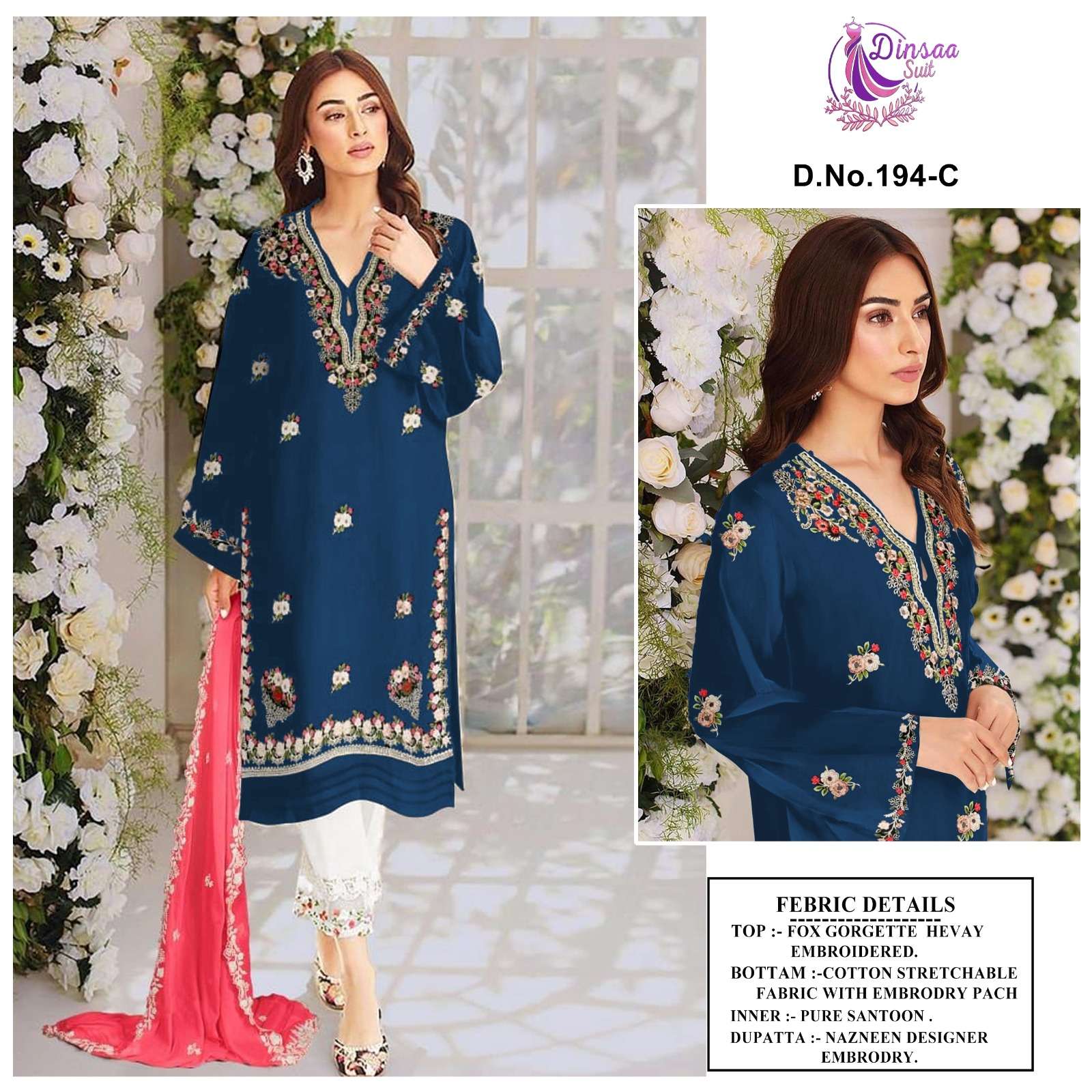 Dinsaa Hit Design 194 Colours By Dinsaa Suits 194-A To 194-D Series Pakistani Suits Collection Beautiful Stylish Fancy Colorful Party Wear & Occasional Wear Faux Georgette Embroidered Dresses At Wholesale Price