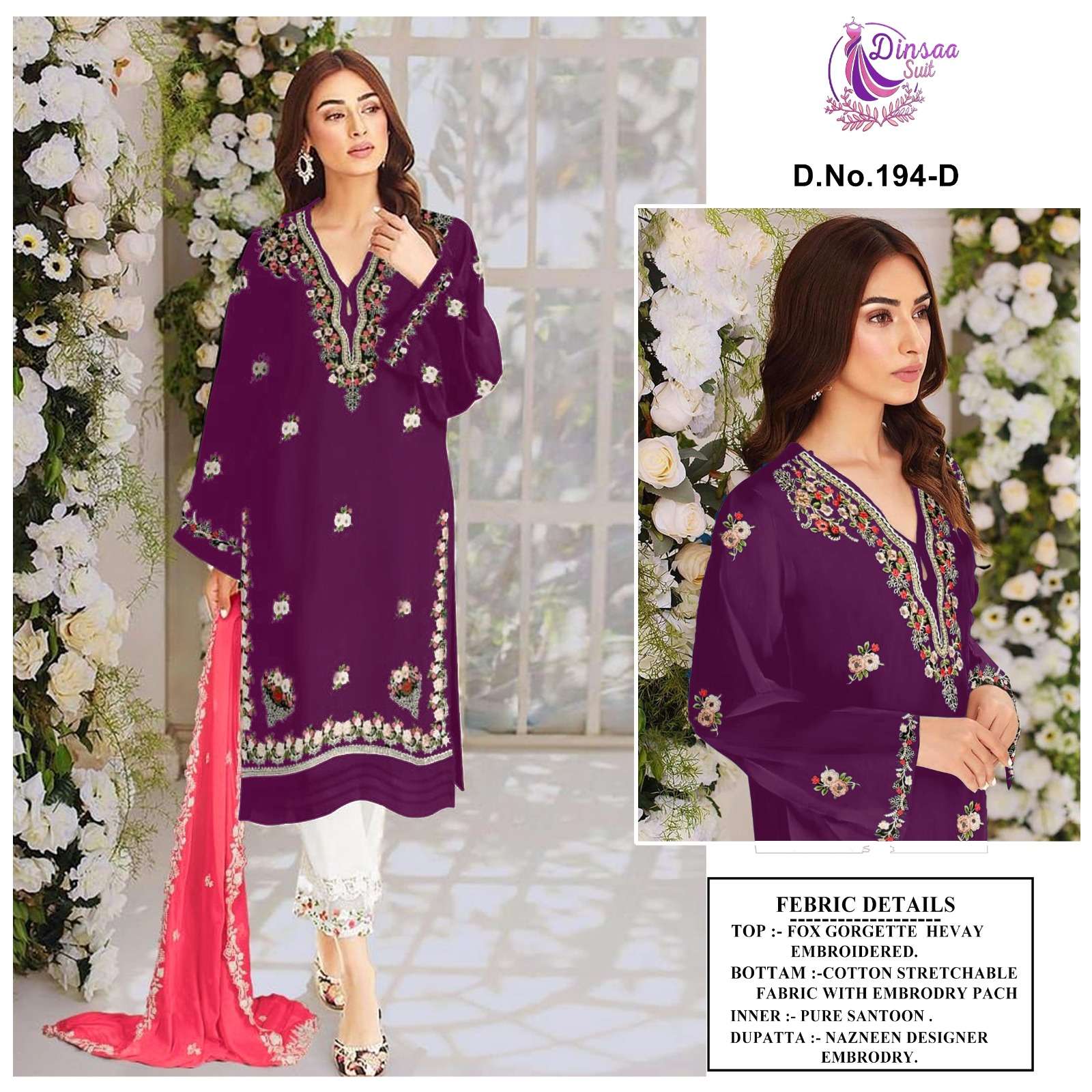 Dinsaa Hit Design 194 Colours By Dinsaa Suits 194-A To 194-D Series Pakistani Suits Collection Beautiful Stylish Fancy Colorful Party Wear & Occasional Wear Faux Georgette Embroidered Dresses At Wholesale Price