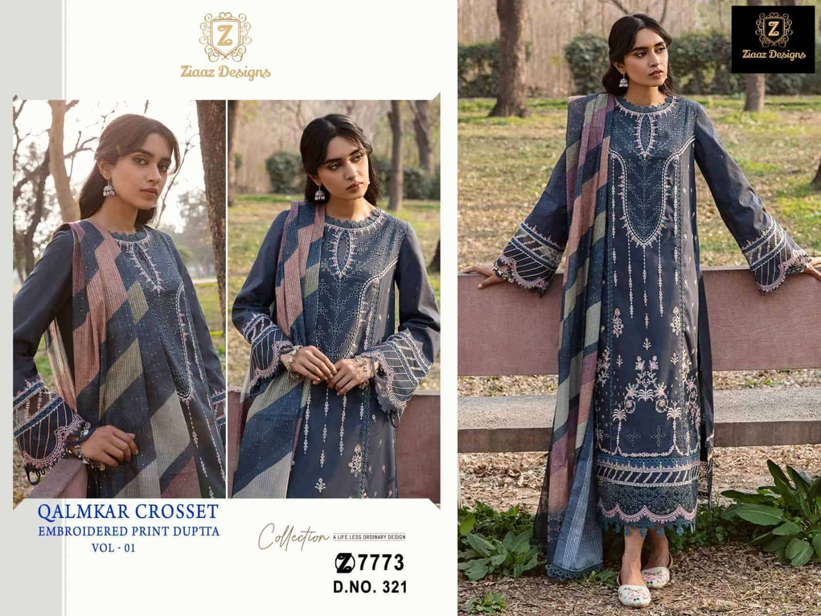 Qalmkar Crosset 321 Colours By Ziaaz Designs Beautiful Pakistani Suits Stylish Colorful Fancy Casual Wear & Ethnic Wear Cotton Embroidered Dresses At Wholesale Price