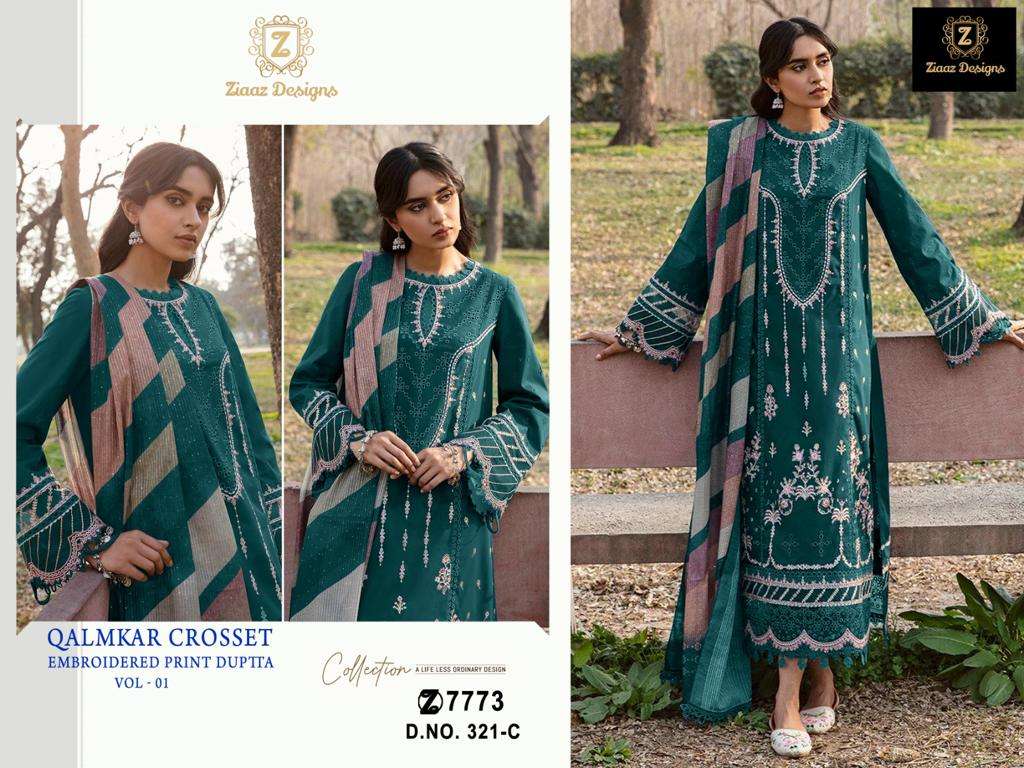 Qalmkar Crosset 321 Colours By Ziaaz Designs Beautiful Pakistani Suits Stylish Colorful Fancy Casual Wear & Ethnic Wear Cotton Embroidered Dresses At Wholesale Price