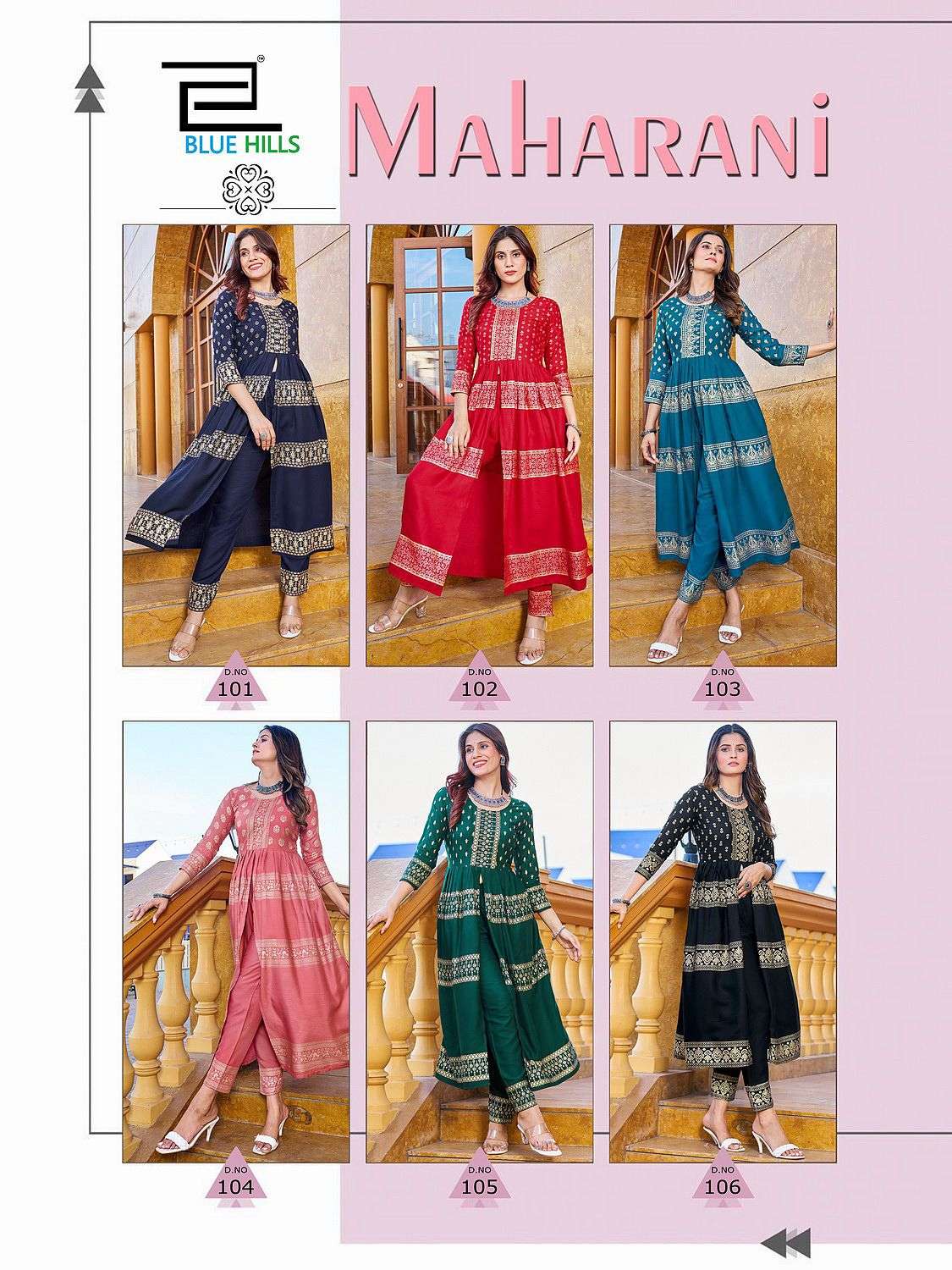 Maharani By Blue Hills 101 To 106 Series Beautiful Stylish Fancy Colorful Casual Wear & Ethnic Wear Rayon Foil Kurtis At Wholesale Price