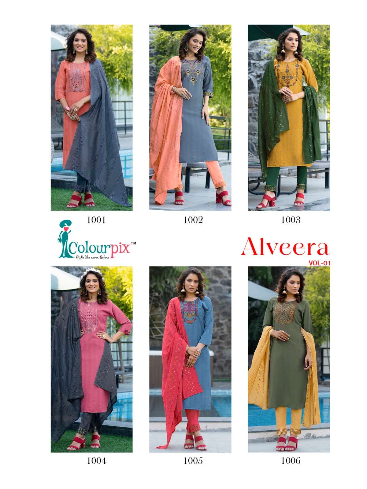 Alveera Vol-1 By Colourpix 1001 To 1006 Series Beautiful Stylish Festive Suits Fancy Colorful Casual Wear & Ethnic Wear & Ready To Wear Viscose Rayon Dresses At Wholesale Price