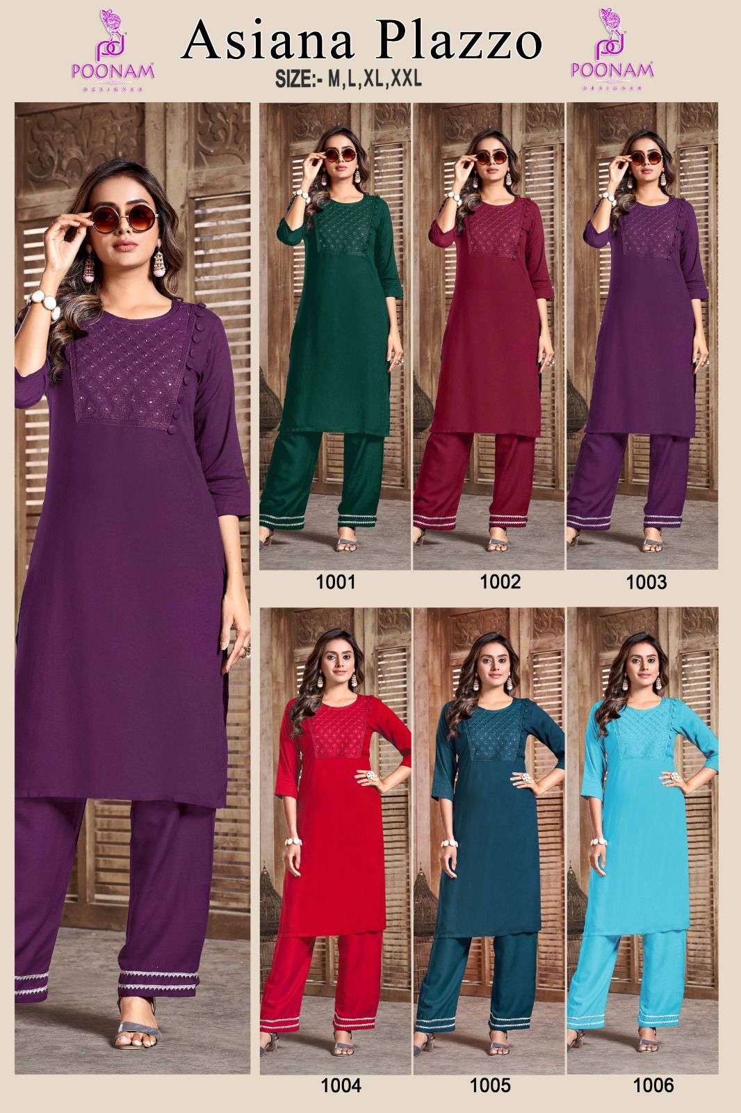 Asiana Plazzo By Poonam Designer 1001 To 1006 Series Designer Stylish Fancy Colorful Beautiful Party Wear & Ethnic Wear Collection Pure Rayon Embroidery Kurtis With Pants At Wholesale Price