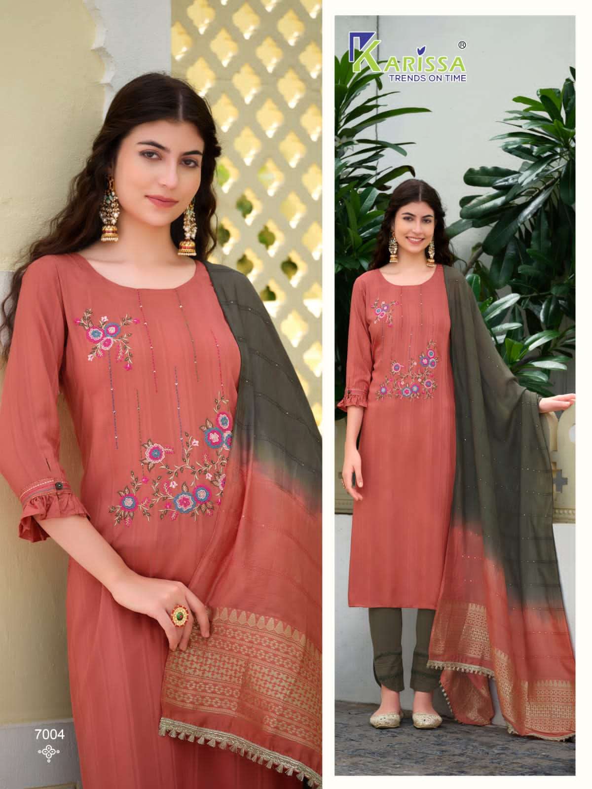 Saloni By Karissa 7001 To 7006 Series Beautiful Stylish Suits Fancy Colorful Casual Wear & Ethnic Wear & Ready To Wear Pure Rayon Embroidered Dresses At Wholesale Price