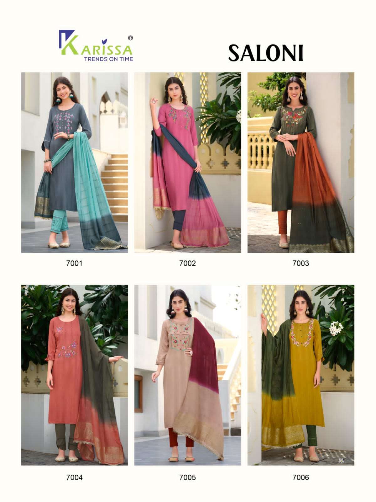 Saloni By Karissa 7001 To 7006 Series Beautiful Stylish Suits Fancy Colorful Casual Wear & Ethnic Wear & Ready To Wear Pure Rayon Embroidered Dresses At Wholesale Price