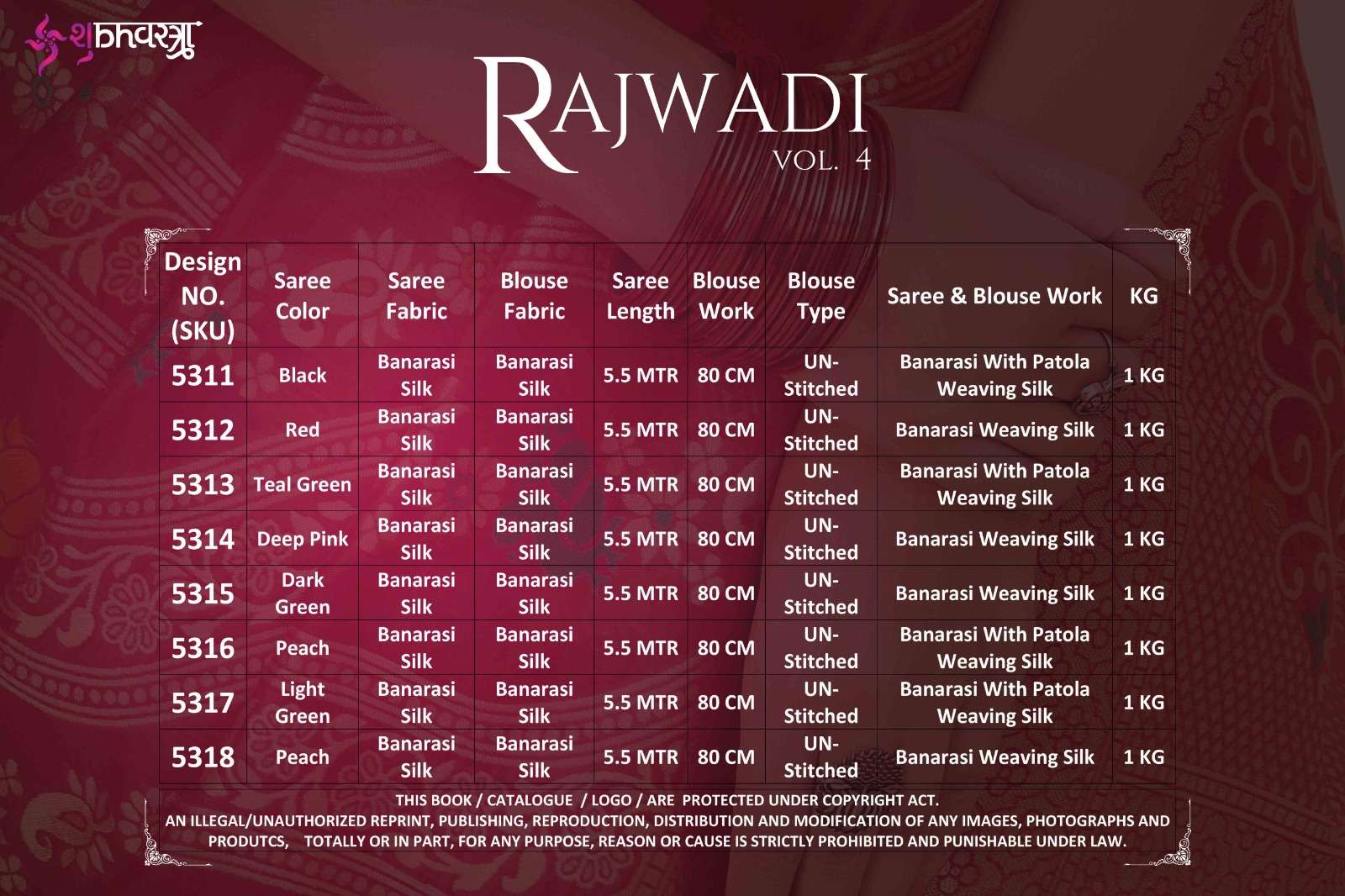 Rajwadi Vol-4 By Shubhkala 5311 To 5318 Series Indian Traditional Wear Collection Beautiful Stylish Fancy Colorful Party Wear & Occasional Wear Banarasi Silk Sarees At Wholesale Price