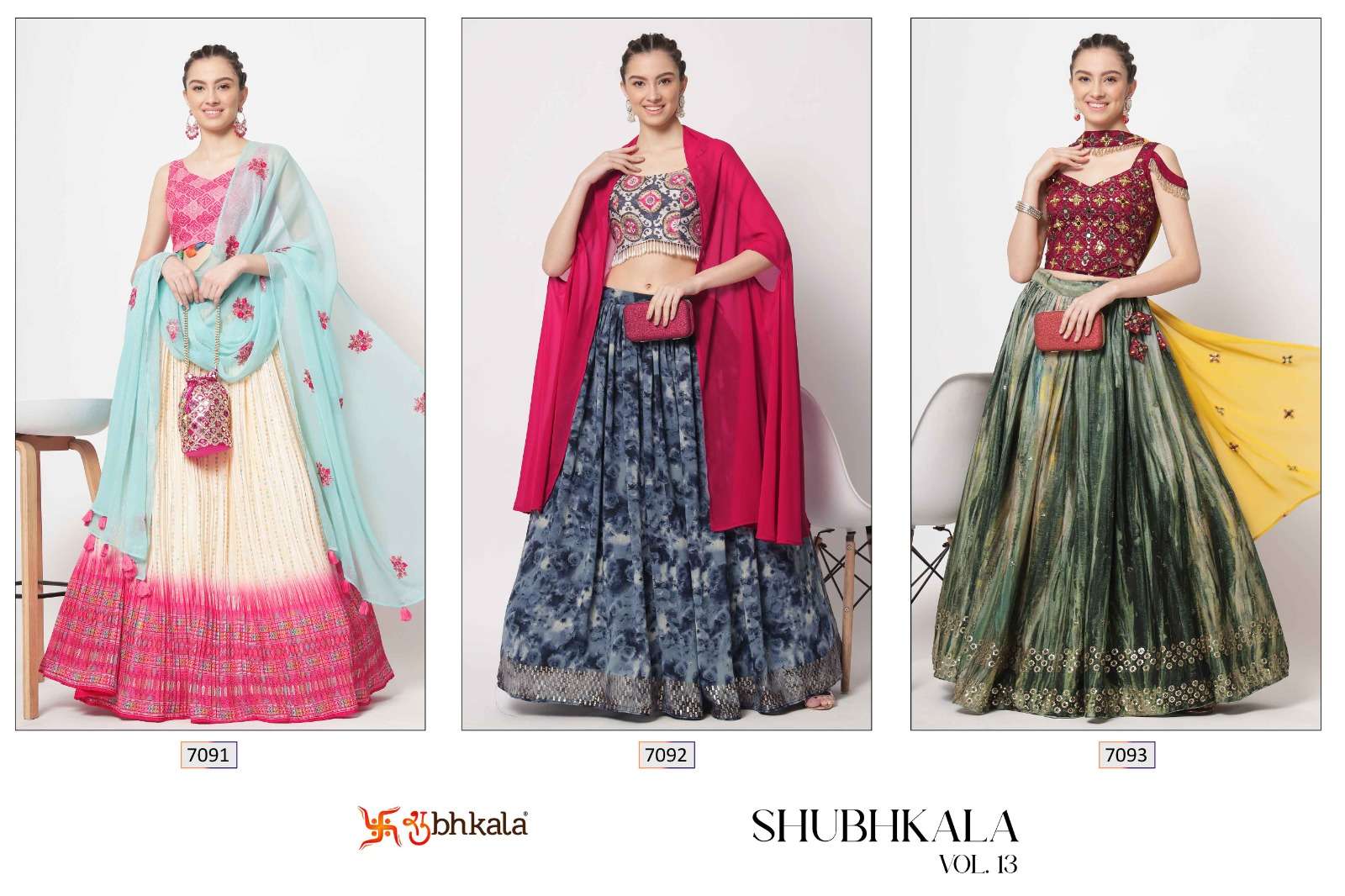 Shubhkala Vol-13 By Shubhkala 7091 To 7093 Series Bridal Wear Collection Beautiful Stylish Colorful Fancy Party Wear & Occasional Wear Chinnon Silk Lehengas At Wholesale Price