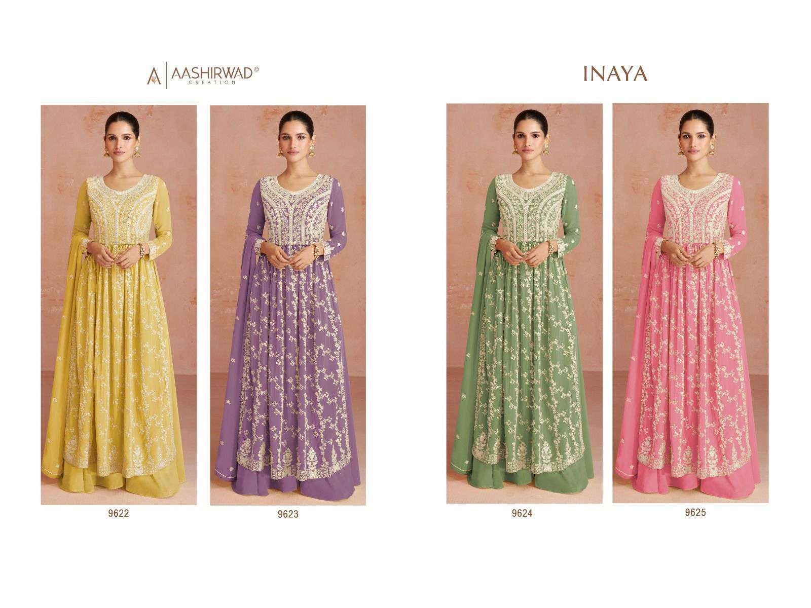 Inaya By Aashirwad Creation 9622 To 9625 Series Beautiful Sharara Suits Stylish Colorful Fancy Casual Wear & Ethnic Wear Georgette Embroidered Dresses At Wholesale Price