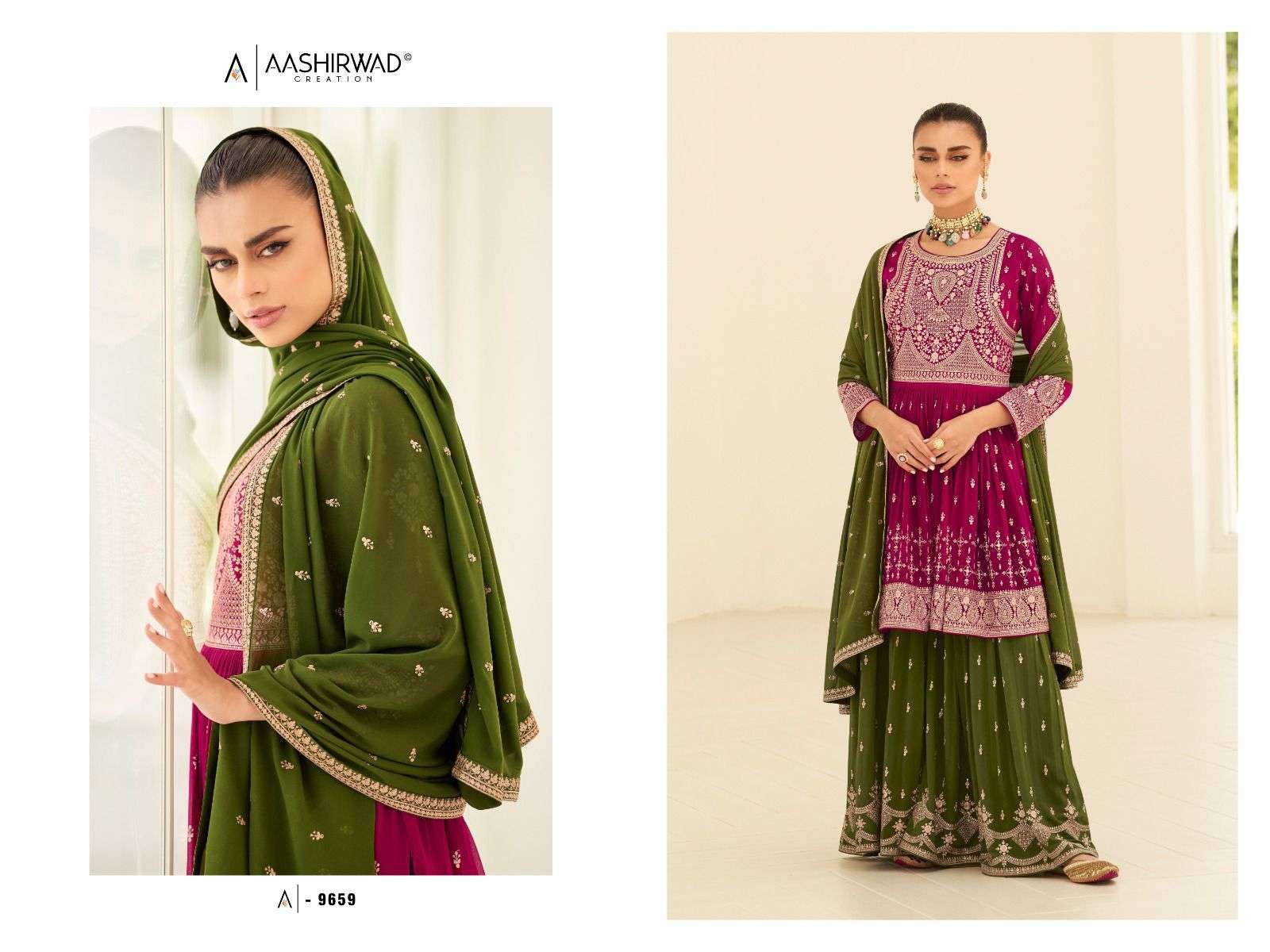 Somya By Aashirwad Creation 9659 To 9663 Series Beautiful Sharara Suits Stylish Colorful Fancy Casual Wear & Ethnic Wear Georgette Embroidered Dresses At Wholesale Price