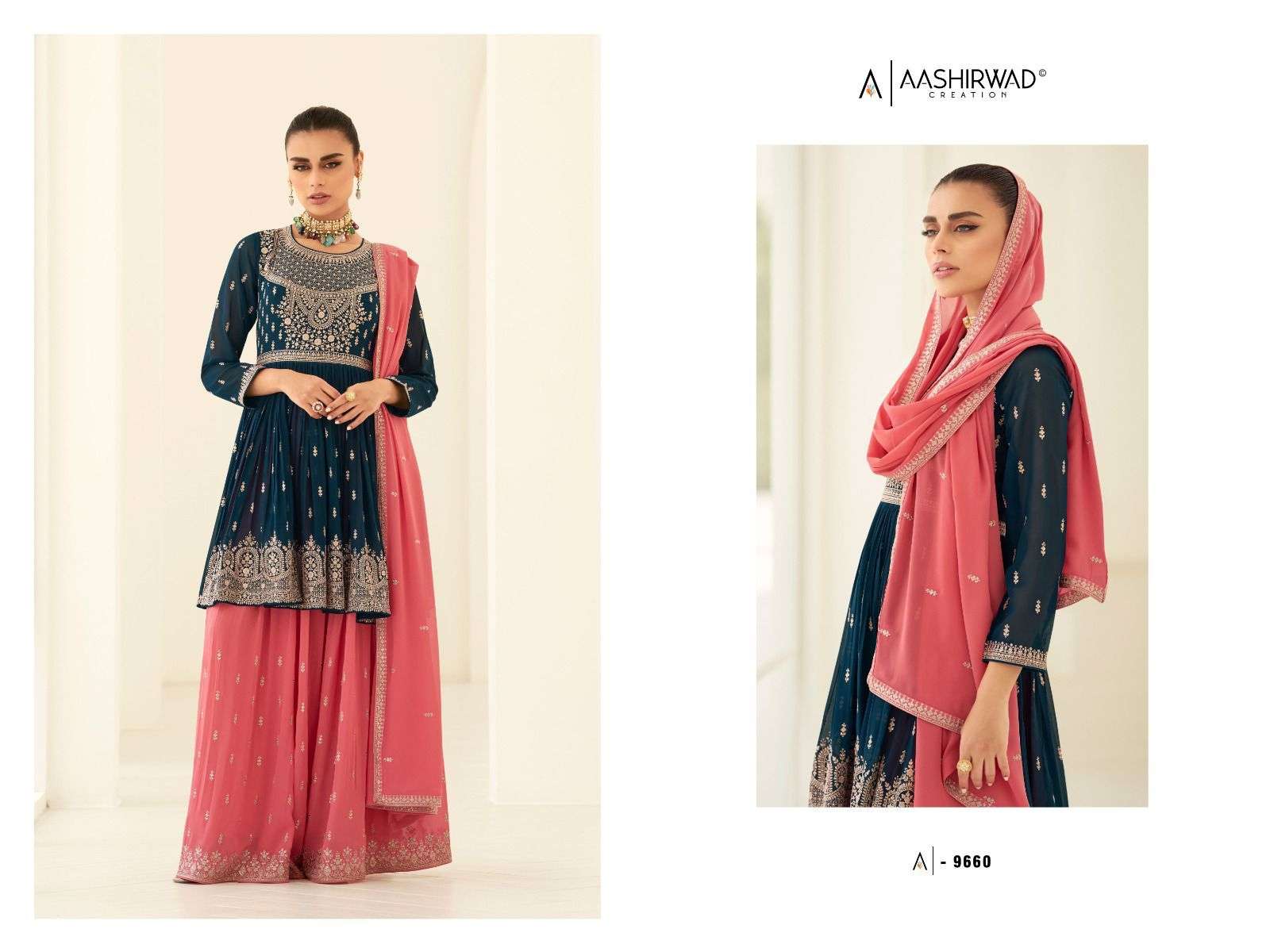 Somya By Aashirwad Creation 9659 To 9663 Series Beautiful Sharara Suits Stylish Colorful Fancy Casual Wear & Ethnic Wear Georgette Embroidered Dresses At Wholesale Price