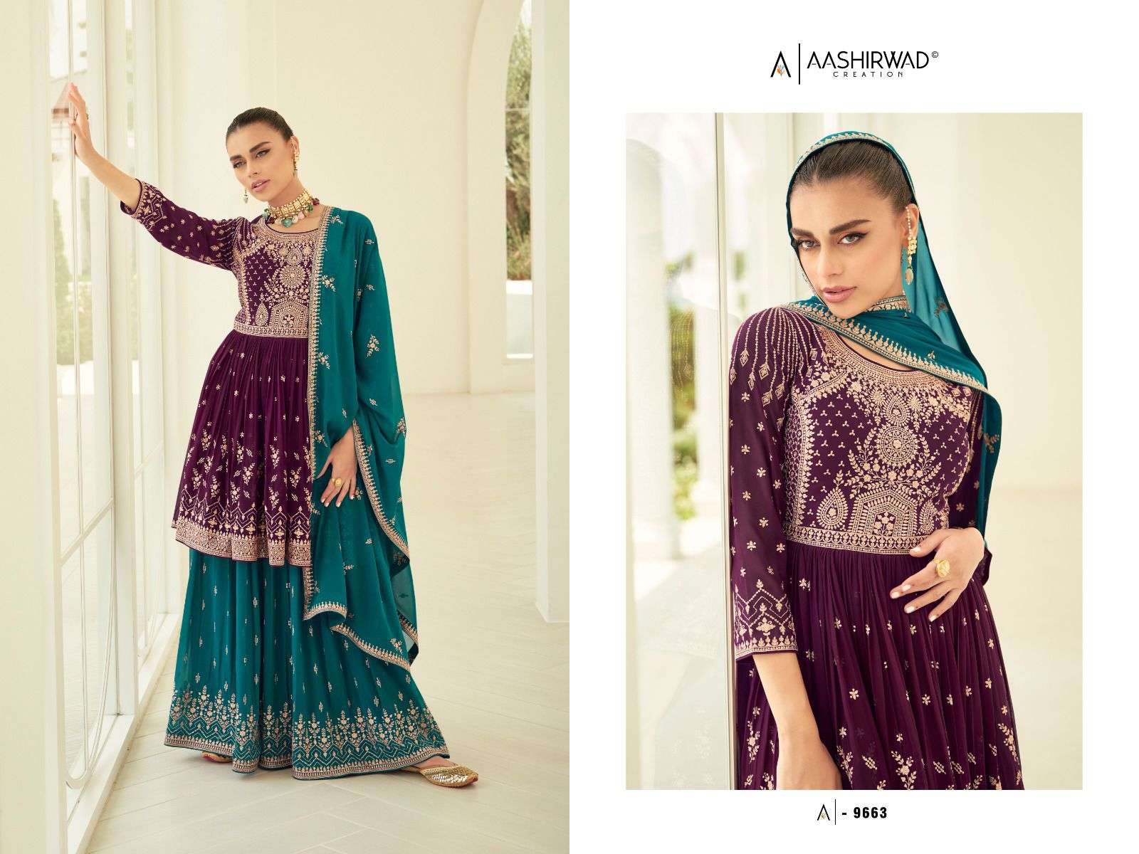 Somya By Aashirwad Creation 9659 To 9663 Series Beautiful Sharara Suits Stylish Colorful Fancy Casual Wear & Ethnic Wear Georgette Embroidered Dresses At Wholesale Price