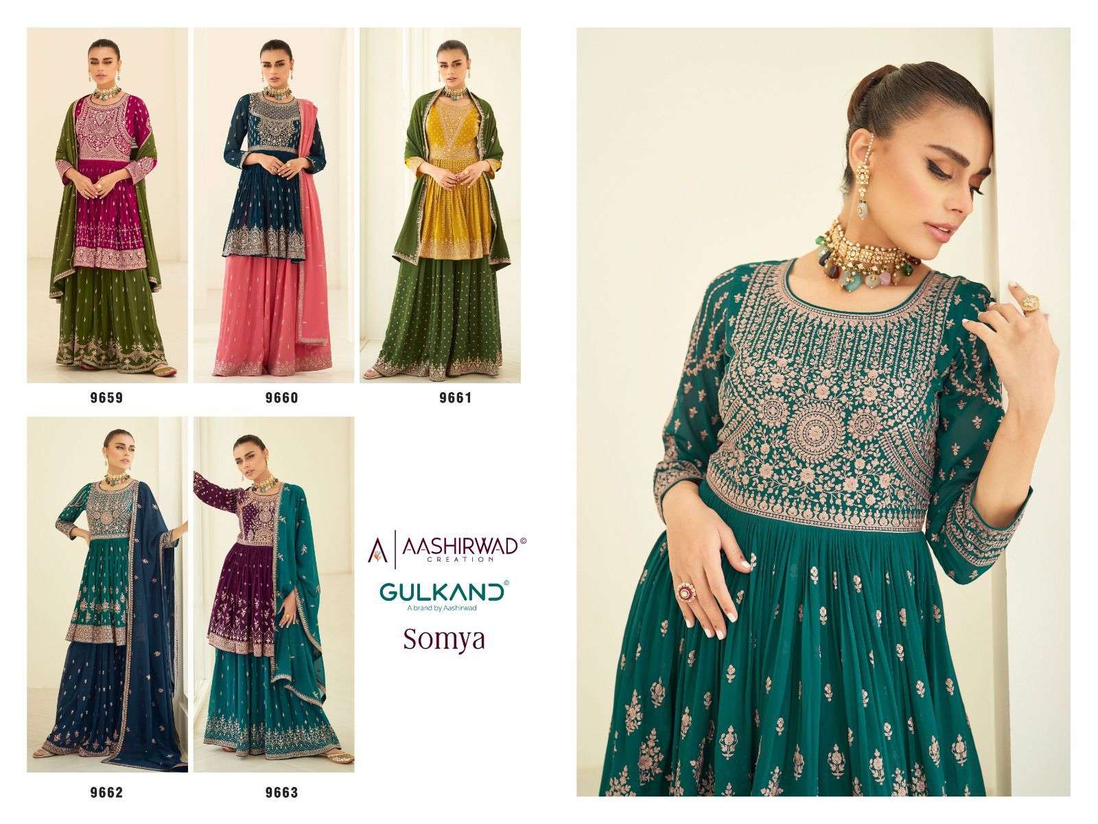 Somya By Aashirwad Creation 9659 To 9663 Series Beautiful Sharara Suits Stylish Colorful Fancy Casual Wear & Ethnic Wear Georgette Embroidered Dresses At Wholesale Price