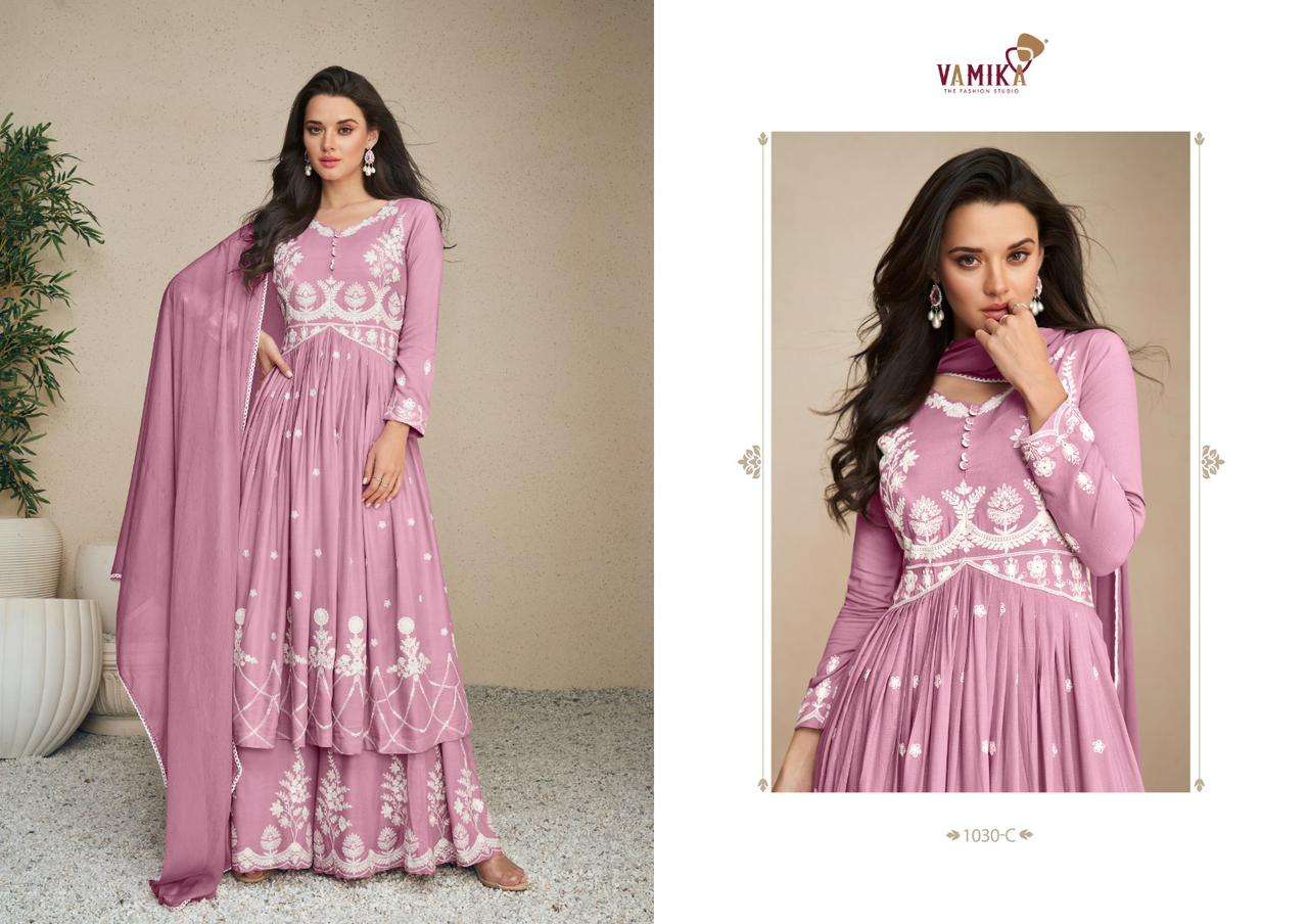 Lakhnavi Vol-5 Silver By Vamika 1030-A To 1030-E Series Beautiful Stylish Sharara Suits Fancy Colorful Casual Wear & Ethnic Wear & Ready To Wear Pure Rayon Printed Dresses At Wholesale Price