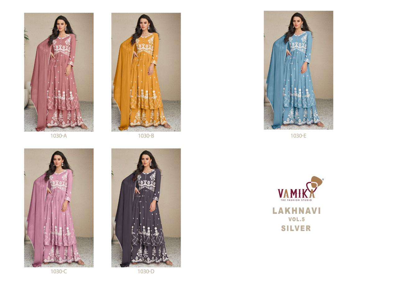 Lakhnavi Vol-5 Silver By Vamika 1030-A To 1030-E Series Beautiful Stylish Sharara Suits Fancy Colorful Casual Wear & Ethnic Wear & Ready To Wear Pure Rayon Printed Dresses At Wholesale Price