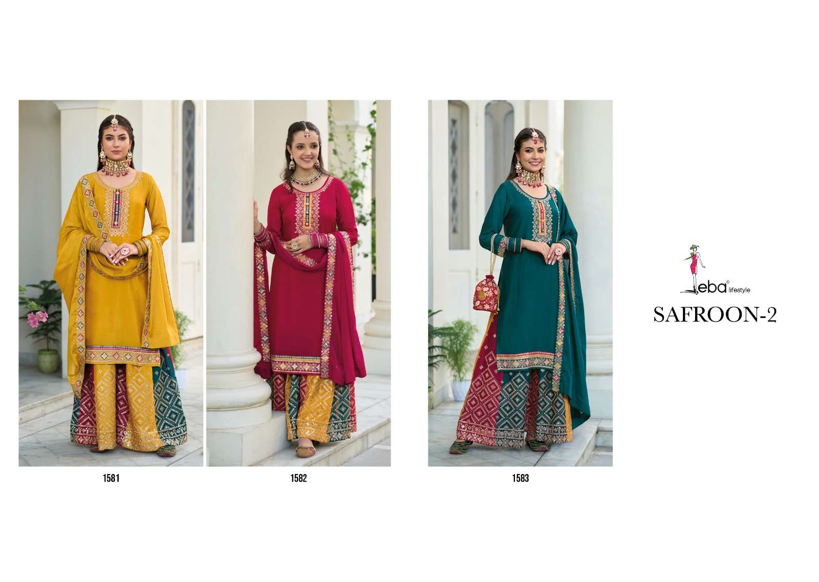 Safroon Vol-2 By Eba Lifestyle 1581 To 1583 Series Beautiful Sharara Suits Colorful Stylish Fancy Casual Wear & Ethnic Wear Chinnon Dresses At Wholesale Price