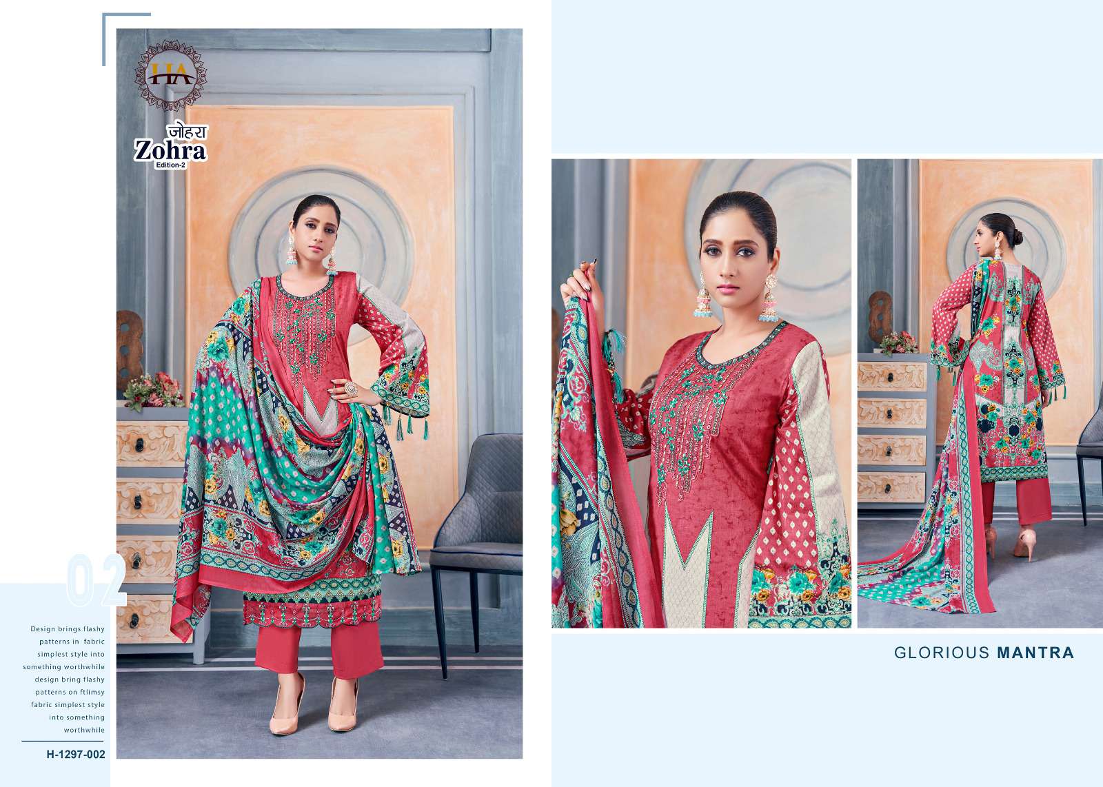 Zohra Vol-2 By Harshit Fashion Hub 1297-001 To 1297-008 Series Beautiful Suits Colorful Stylish Fancy Casual Wear Pure Cambric Print With Work Dresses At Wholesale Price