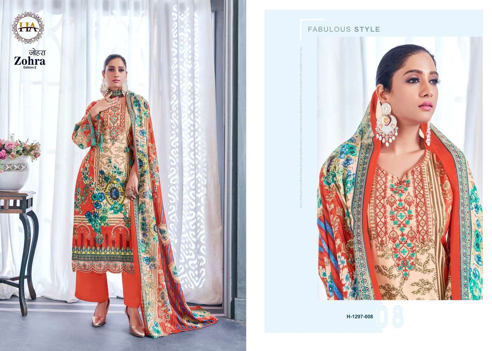Zohra Vol-2 By Harshit Fashion Hub 1297-001 To 1297-008 Series Beautiful Suits Colorful Stylish Fancy Casual Wear Pure Cambric Print With Work Dresses At Wholesale Price