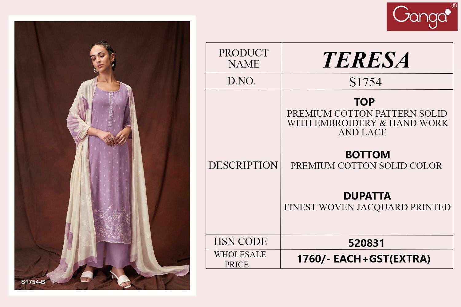 Teresa-1754 By Ganga Fashion 1754-A To 1754-B Series Designer Festive Suits Beautiful Fancy Stylish Colorful Party Wear & Occasional Wear Premium Cotton Dresses At Wholesale Price