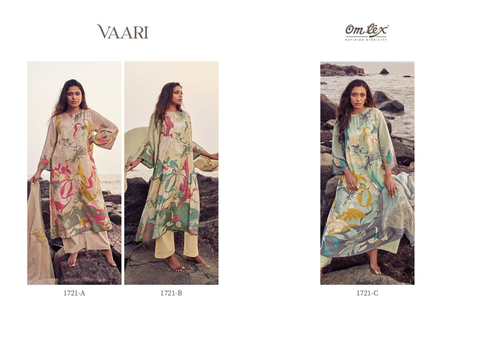 Vaari By Om Tex 1721-A To 1721-C Series Beautiful Suits Colorful Stylish Fancy Casual Wear & Ethnic Wear Pure Muslin Embroidered Dresses At Wholesale Price