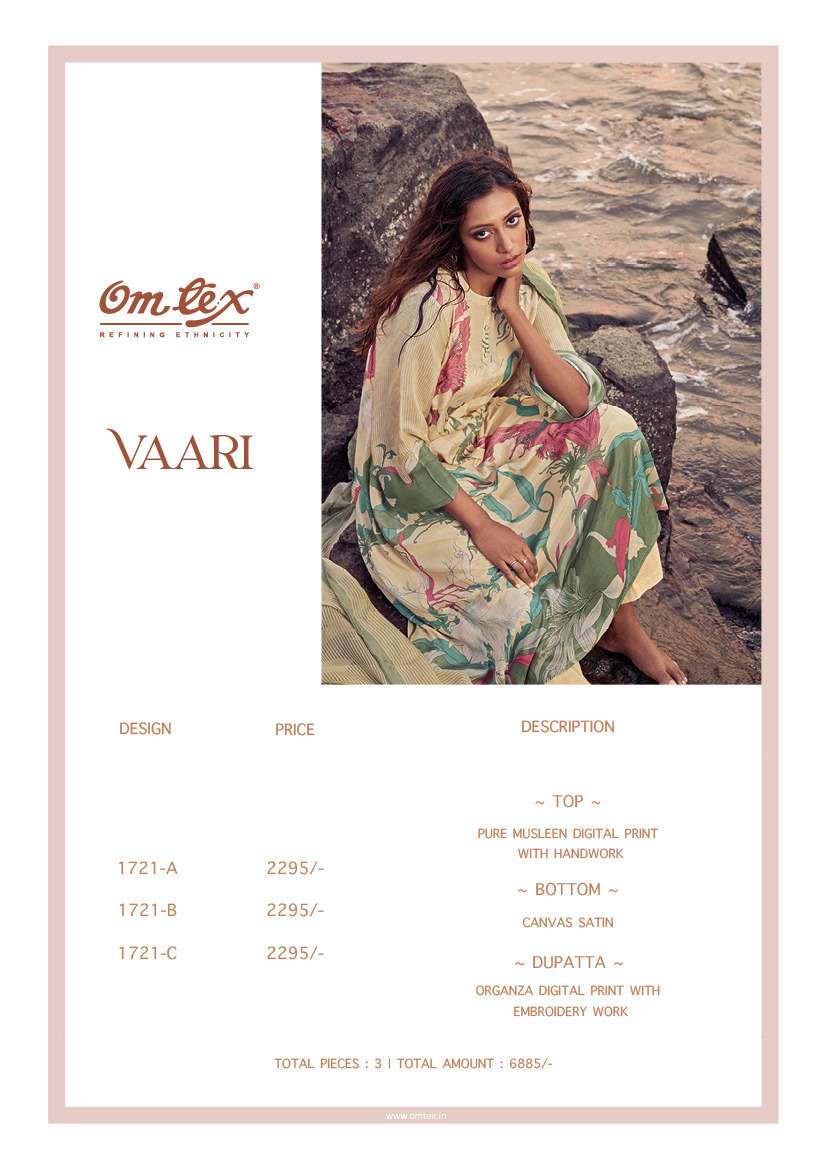 Vaari By Om Tex 1721-A To 1721-C Series Beautiful Suits Colorful Stylish Fancy Casual Wear & Ethnic Wear Pure Muslin Embroidered Dresses At Wholesale Price