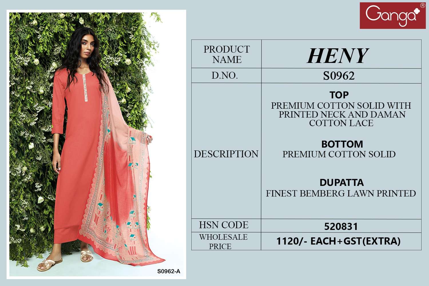 Heny-962 By Ganga Fashion 962-A To 962-D Series Beautiful Festive Suits Stylish Colorful Fancy Casual Wear & Ethnic Wear Premium Cotton Dresses At Wholesale Price