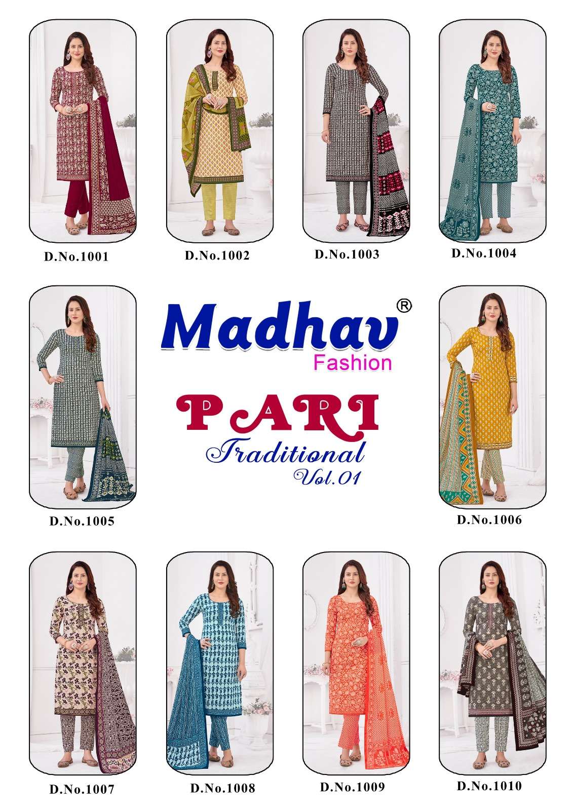 Pari Vol-1 By Madhav Fashion 1001 To 1010 Series Beautiful Suits Colorful Stylish Fancy Casual Wear Pure Cotton Print Dresses At Wholesale Price