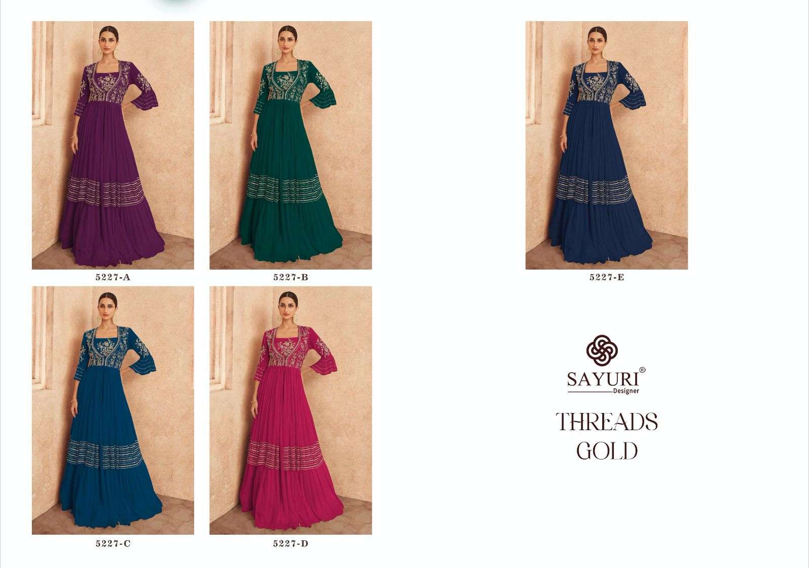 Threads Gold By Sayuri 5227-A To 5227-E Series Beautiful Stylish Fancy Colorful Casual Wear & Ethnic Wear Chinnon Silk Gowns At Wholesale Price