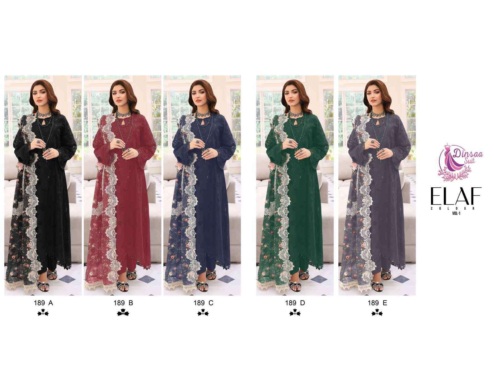 Elaf Colour Vol-1 By Dinsaa Suits 189-A To 189-E Series Designer Pakistani Suits Beautiful Fancy Stylish Colorful Party Wear & Occasional Wear Pure Cotton With Embroidery Dresses At Wholesale Price