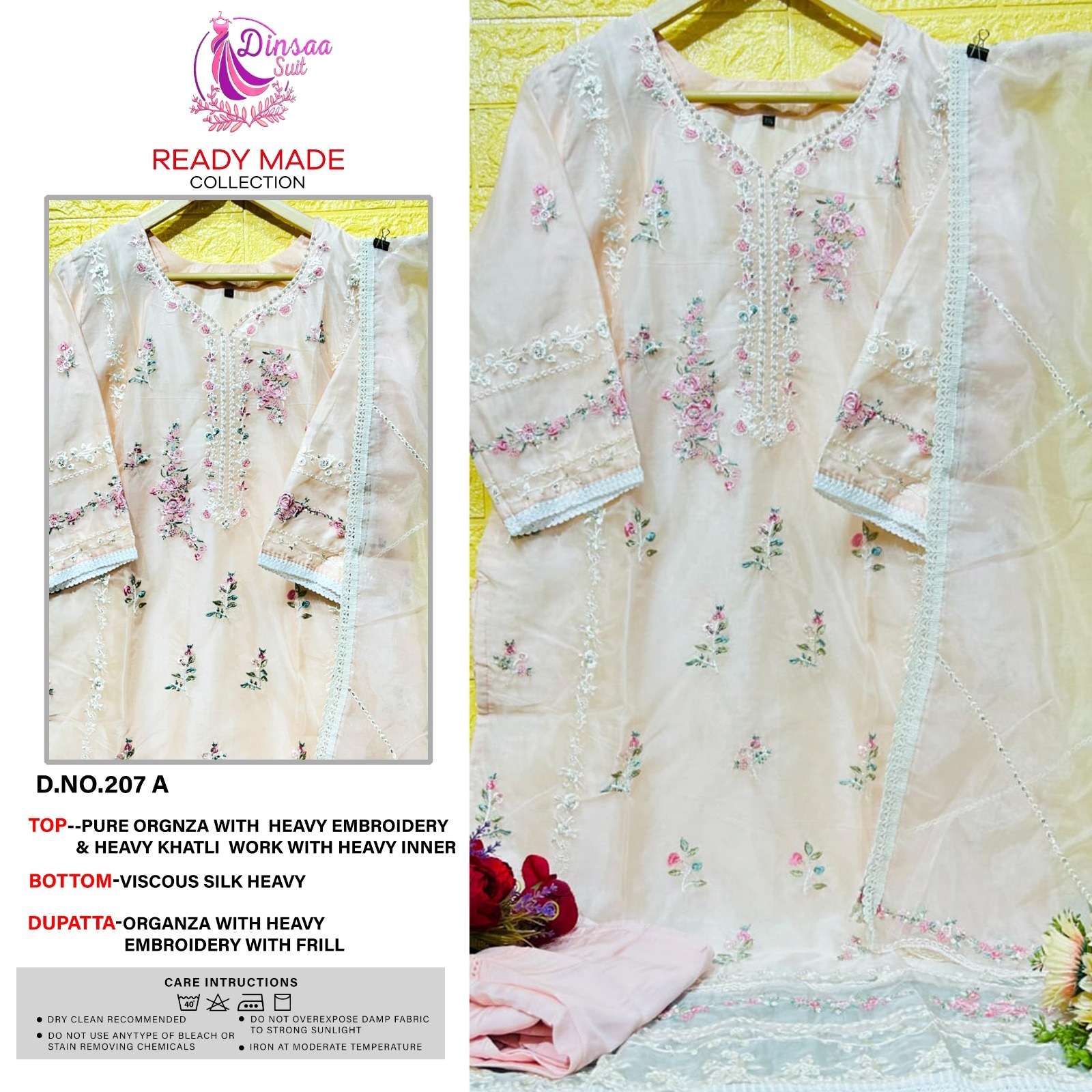 Dinsaa Hit Design 207 Colours By Dinsaa Suits 207-A To 207-D Series Beautiful Stylish Pakistani Suits Fancy Colorful Casual Wear & Ethnic Wear & Ready To Wear Pure Organza Embroidered Dresses At Wholesale Price