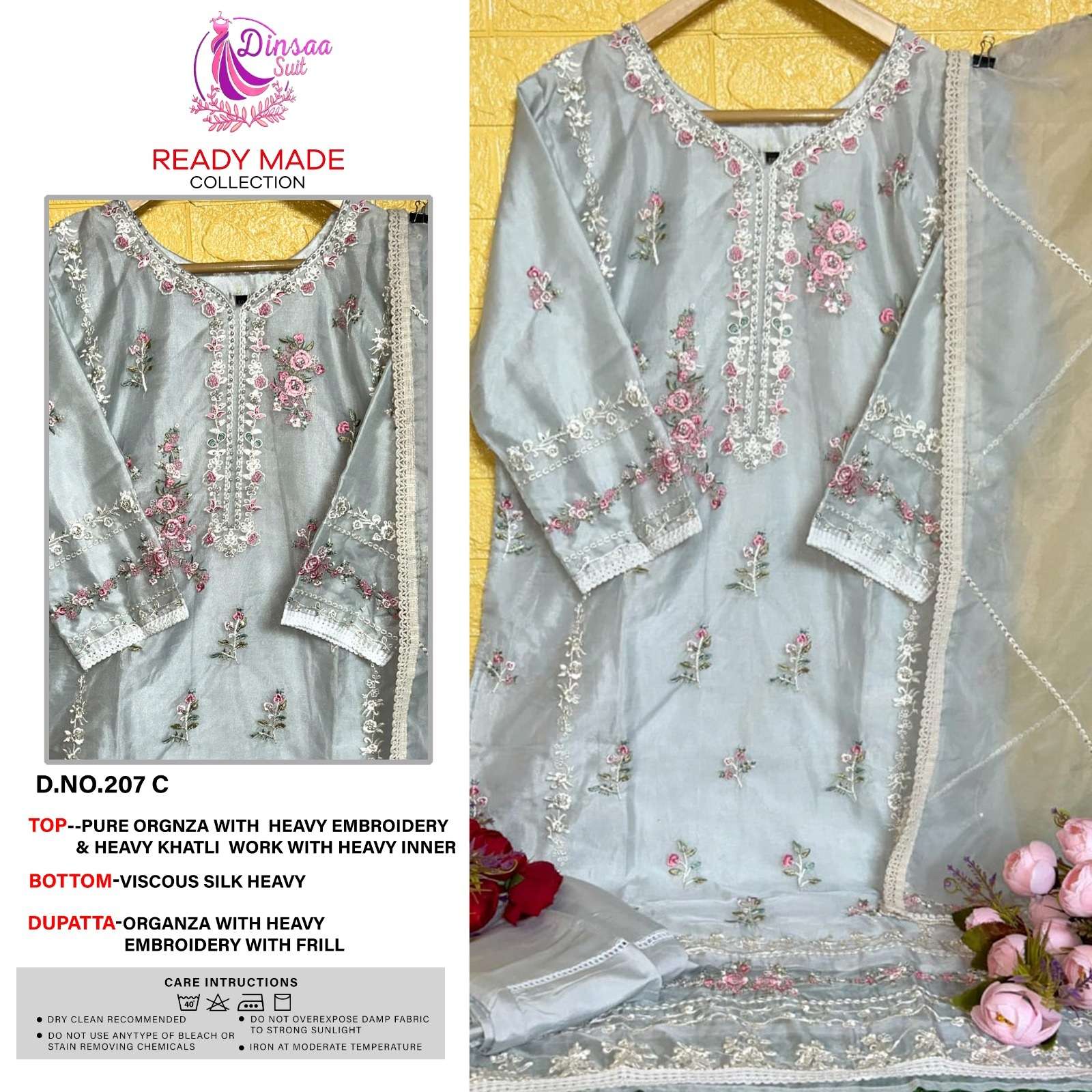 Dinsaa Hit Design 207 Colours By Dinsaa Suits 207-A To 207-D Series Beautiful Stylish Pakistani Suits Fancy Colorful Casual Wear & Ethnic Wear & Ready To Wear Pure Organza Embroidered Dresses At Wholesale Price