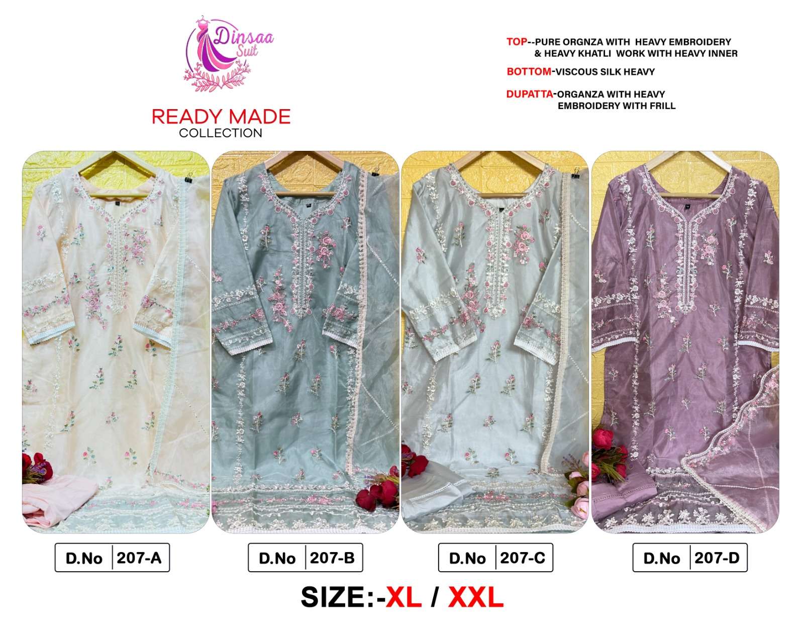 Dinsaa Hit Design 207 Colours By Dinsaa Suits 207-A To 207-D Series Beautiful Stylish Pakistani Suits Fancy Colorful Casual Wear & Ethnic Wear & Ready To Wear Pure Organza Embroidered Dresses At Wholesale Price