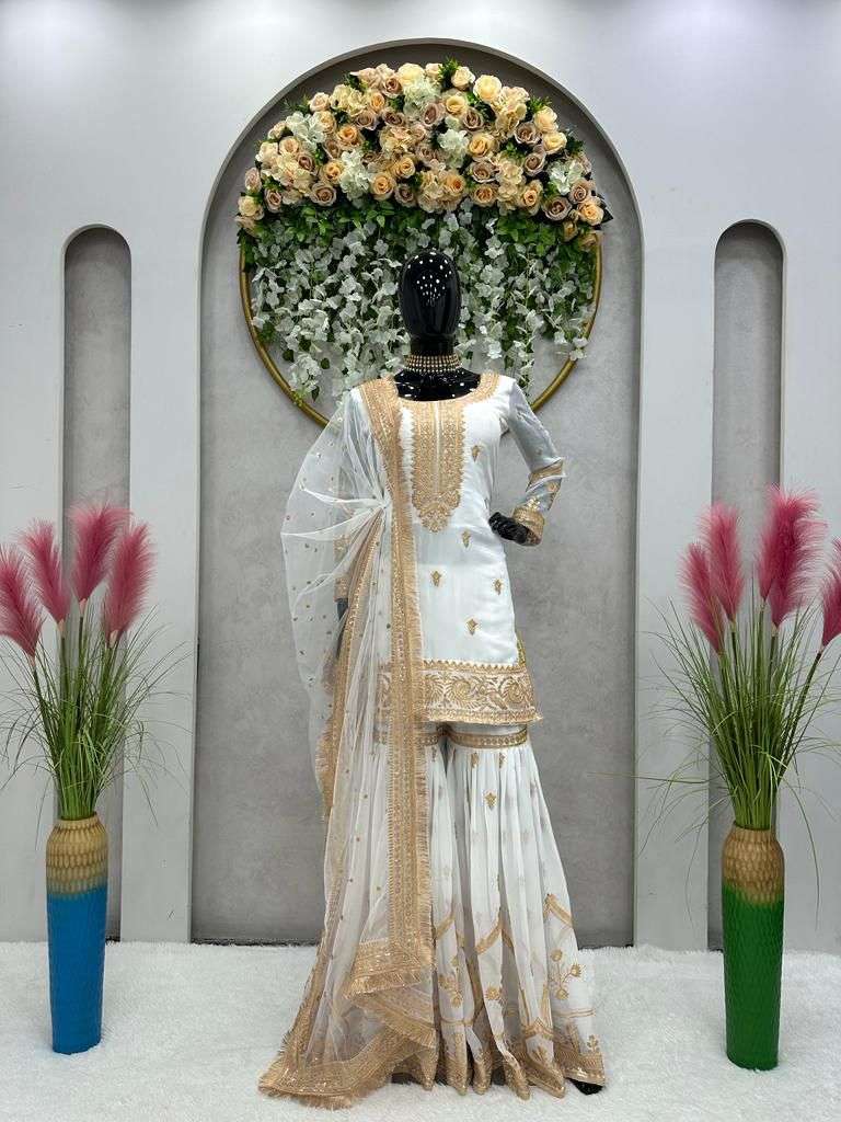 5563 By Fashid Wholesale Kd Designer Festive Sharara Suits Beautiful Fancy Colorful Stylish Party Wear & Occasional Wear Faux Georgette Embroidered Dresses At Wholesale Price