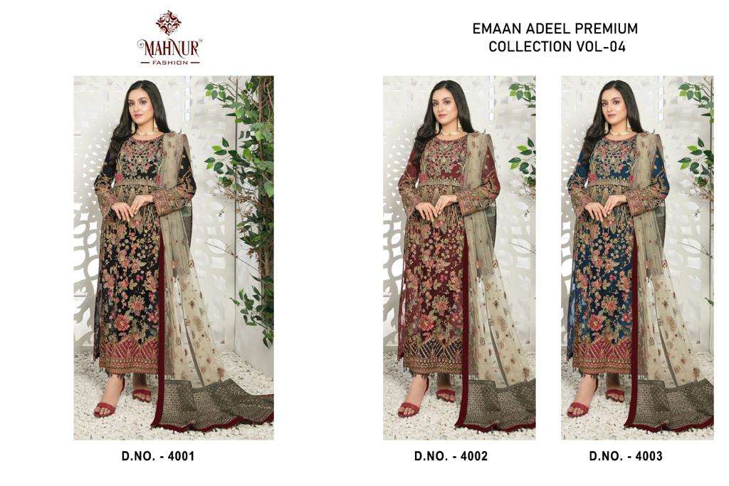Emaan Adeel Premium Collection Vol-4 By Mahnur Fashion 4001 To 4003 Series Beautiful Winter Collection Pakistani Suits Stylish Fancy Colorful Casual Wear & Ethnic Wear Faux Georgette Embroidery Dresses At Wholesale Price