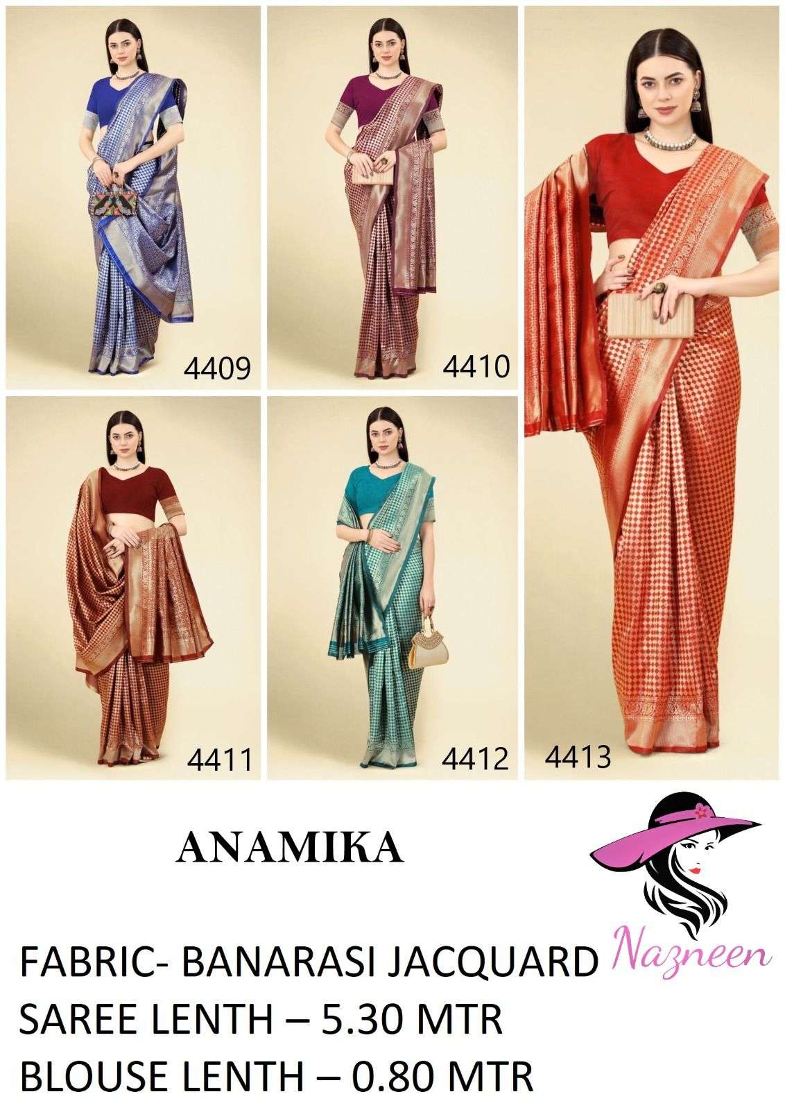 Anamika By Nazneen 4409 To 4413 Series Indian Traditional Wear Collection Beautiful Stylish Fancy Colorful Party Wear & Occasional Wear Banarasi Jacquard Sarees At Wholesale Price